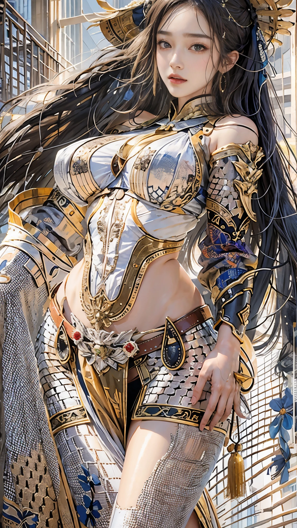 realistic portrait, high resolution, soft light, 1 lady, only, Pictures see thighs...., slender figure, Buttocks up, sparkling skin, overflowing, exposed breasts....., (Highly detailed faces), Beautiful Chinese armor