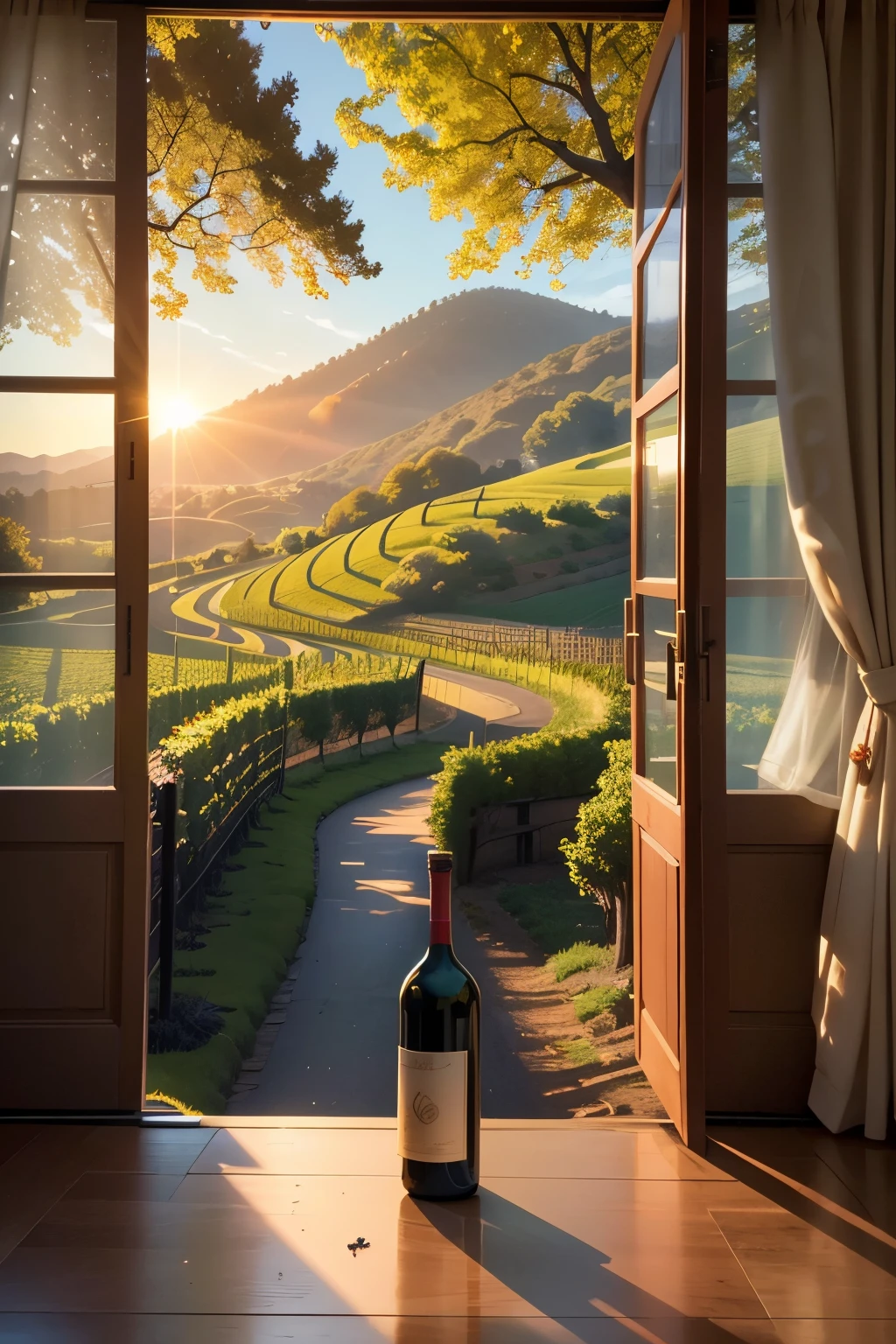In the enchanting miniature landscape, a red wine bottle comes alive, revealing a captivating view of a vineyard nestled among rolling hills. The verdant grapevines sprawl across the undulating terrain, their leaves glistening under the sunlight. A meandering river, reflecting the brilliance of the golden sun, adds a serene element to the scene. The tranquility of the vineyard is further accentuated by the gentle swaying of the vine branches in the crisp afternoon breeze.