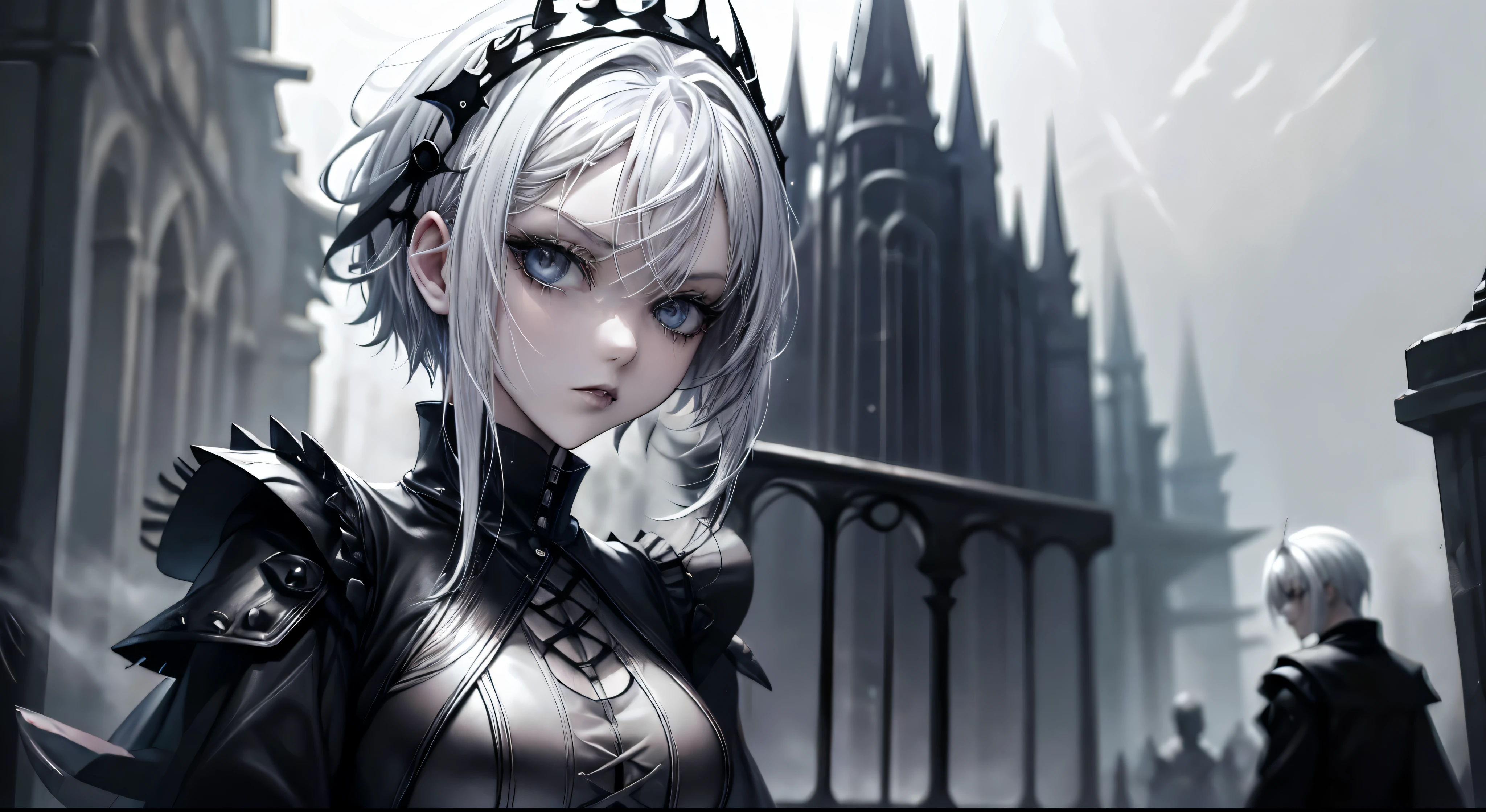 Anime girl with white hair and asymmetrical gothic style haircut, pale skin, sobrancelhas brancas, light pink iris, black lipstick and extremely pointed dark gothic medieval armor. High-quality gothic style image transmission with white-haired anime girl, light pink iris and pale skin, Pose confiante, dark scenery, gotas de chuva, olhar severo, rosto oval, Detailed and dynamic 8K black lipstick wallpaper.