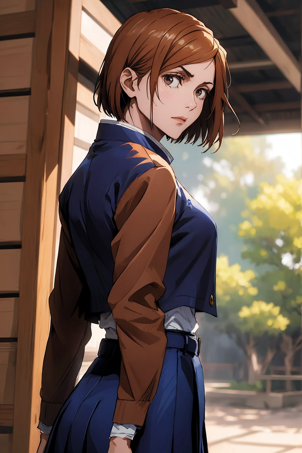 1girl, cowboy shot, beautiful Nobara, school_uniform, bangs, jacket,, volumetric lighting, best quality, masterpiece, intricate details, tonemapping, sharp focus, hyper detailed, trending on Art Station, 4k, upper body, backwards, looking back