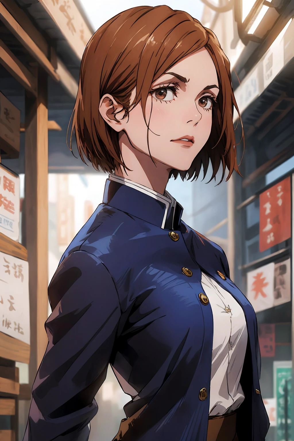 1girl, cowboy shot, beautiful Nobara, school_uniform, bangs, jacket,, volumetric lighting, best quality, masterpiece, intricate details, tonemapping, sharp focus, hyper detailed, trending on Art Station, 4k, upper body, backwards, looking back