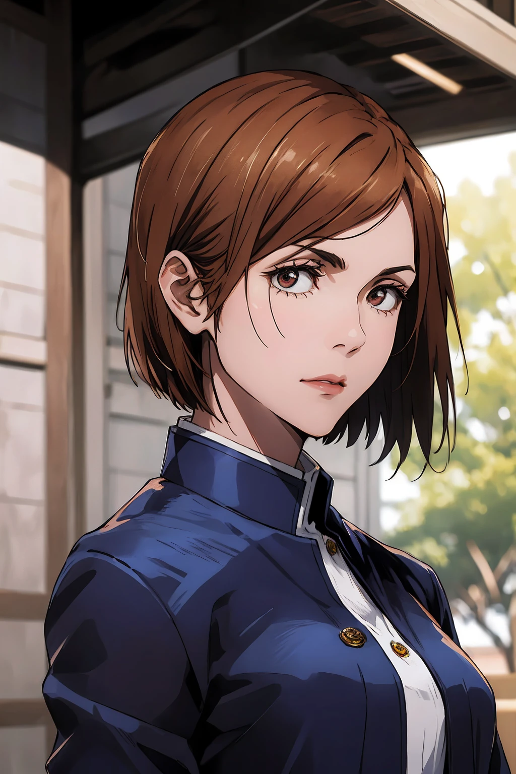 1girl, cowboy shot, beautiful Nobara, school_blue uniform, bangs, brown jacket, volumetric lighting, best quality, masterpiece, intricate details, tonemapping, sharp focus, hyper detailed, trending on Art Station, 4k, upper body, backwards, looking back