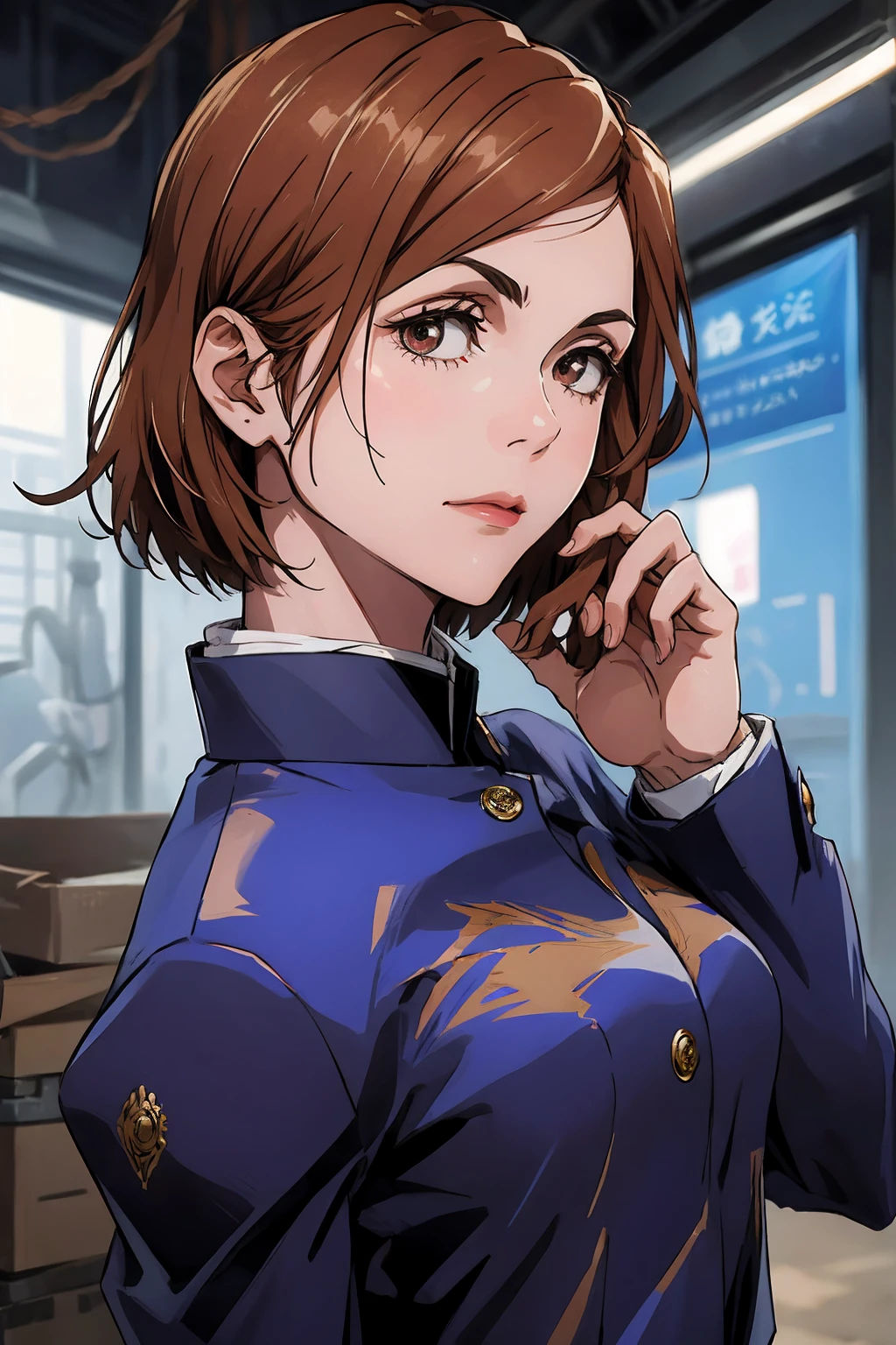1girl, cowboy shot, beautiful Nobara, school_uniform, bangs, jacket,, volumetric lighting, best quality, masterpiece, intricate details, tonemapping, sharp focus, hyper detailed, trending on Art Station, 4k, upper body, backwards, looking back