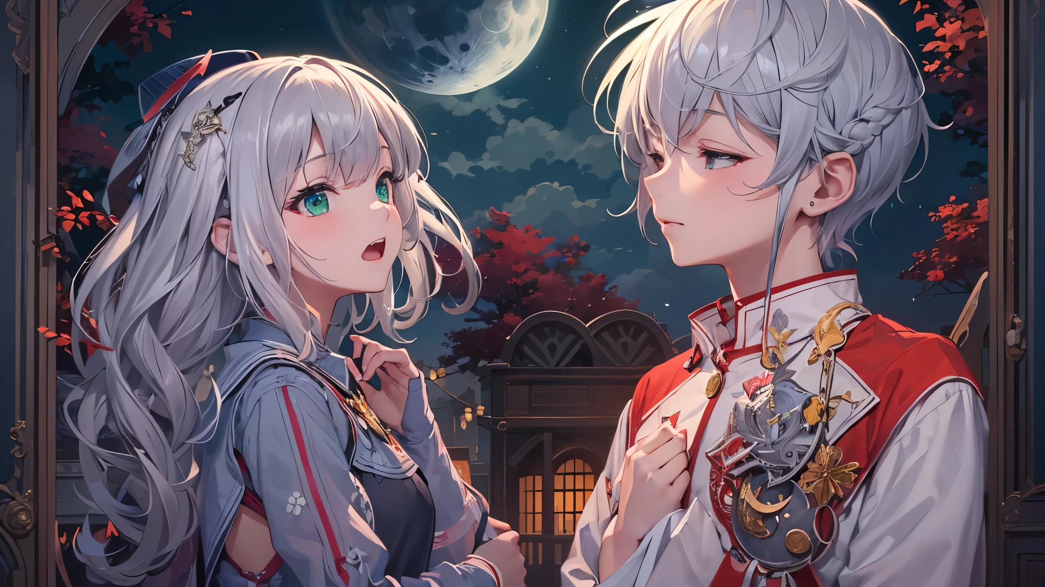 (perfect anatomy, masterpiece:1.2, best quality, 8k, beautiful detailed grow, daydreaming expression), ((red rake)), (one silver hair short hair boy and one green hair cute girl) are in despair, background moon nighat.