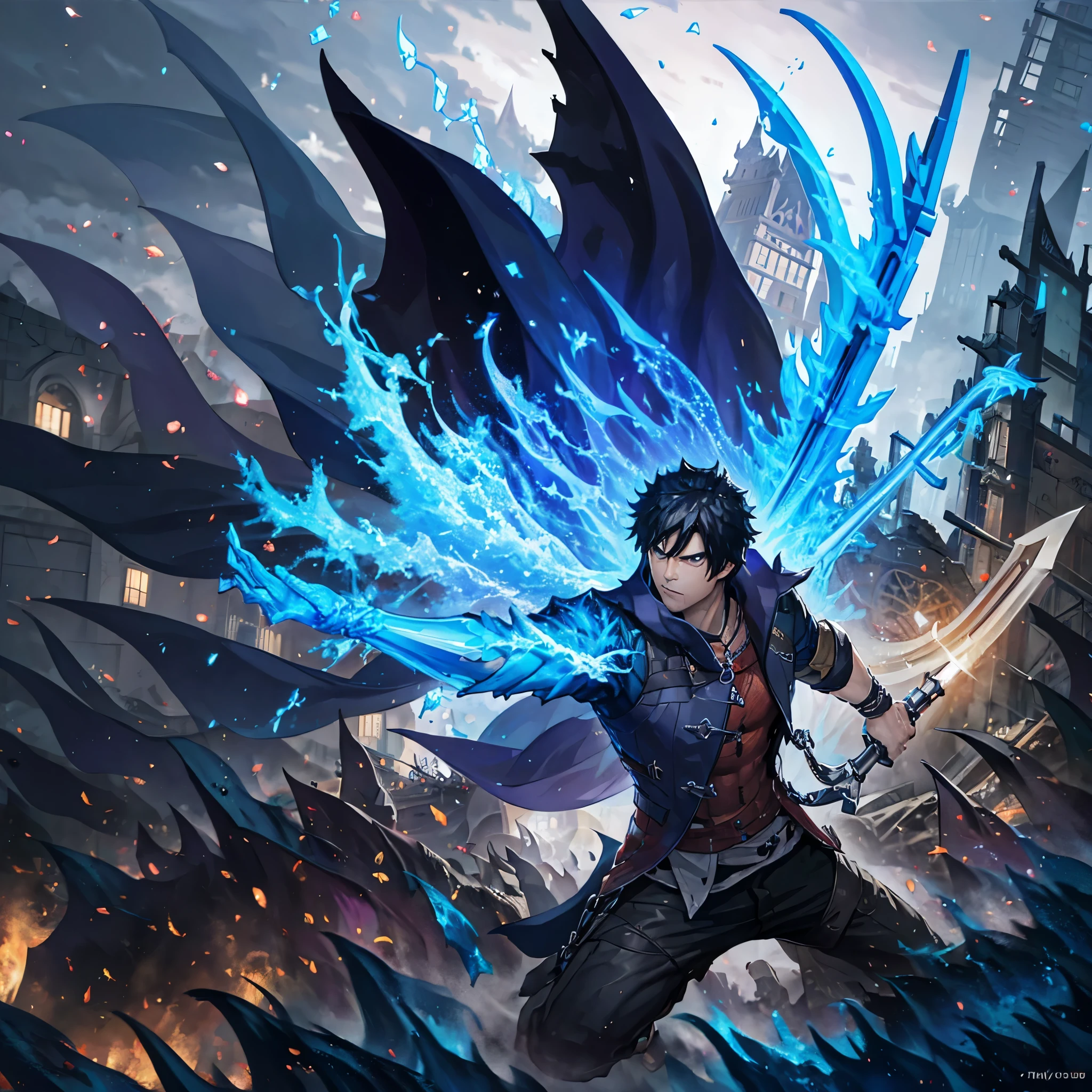 a man punching the ground making a crater in the ground, holding an ice sword, muscular, serious face, black hair, city in ruins
