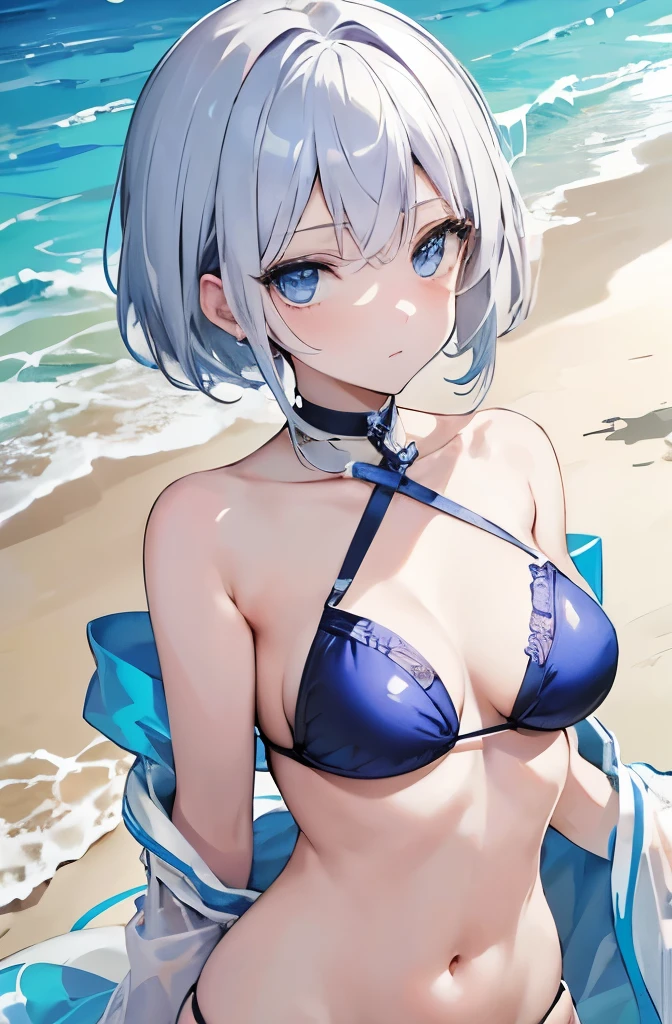 grimace、white and blue adult swimwear、silver hair、short hair、medium breasts、 best quality、sandy beach、sunny、pale blue eyes、sensual pose