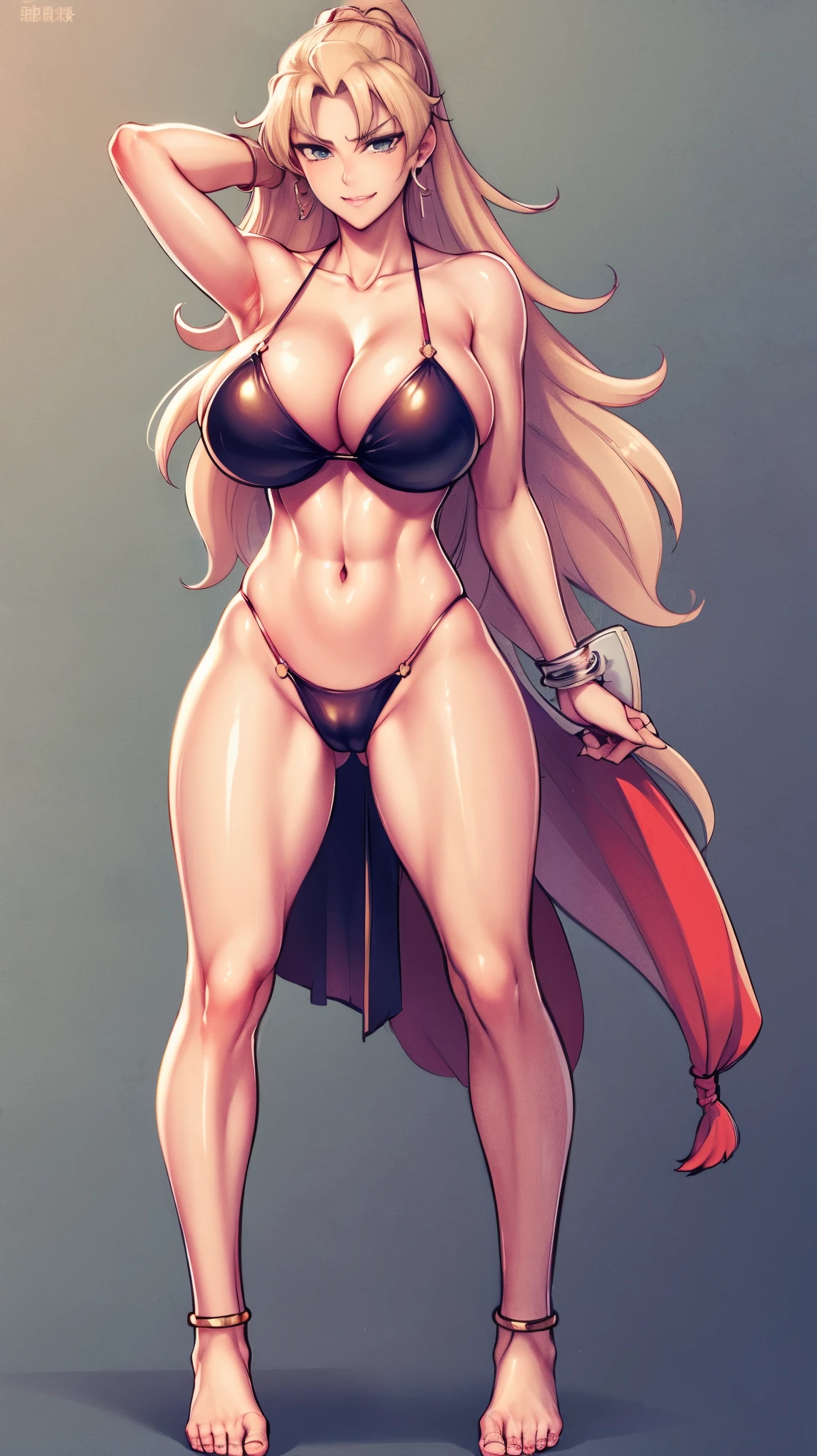 A mature juicy MILF BIMBO STANDING SYMMETRICAL pose on 2 legs foot focus anklets on knees, BAREFOOTED toes clenched foot soles, 1个Giant Breast Girl, The beautiful, perfect litthing, musculous, upper legs, a matural female, A MILF, navel, abs six packed strong, looking at the viewer, goddess, lustful smirking smile face red blushed, The chest is unusually large, maternal love, porcelain skin, very long hair, curlies, glossy skin, both hands behind head, shaved armpits