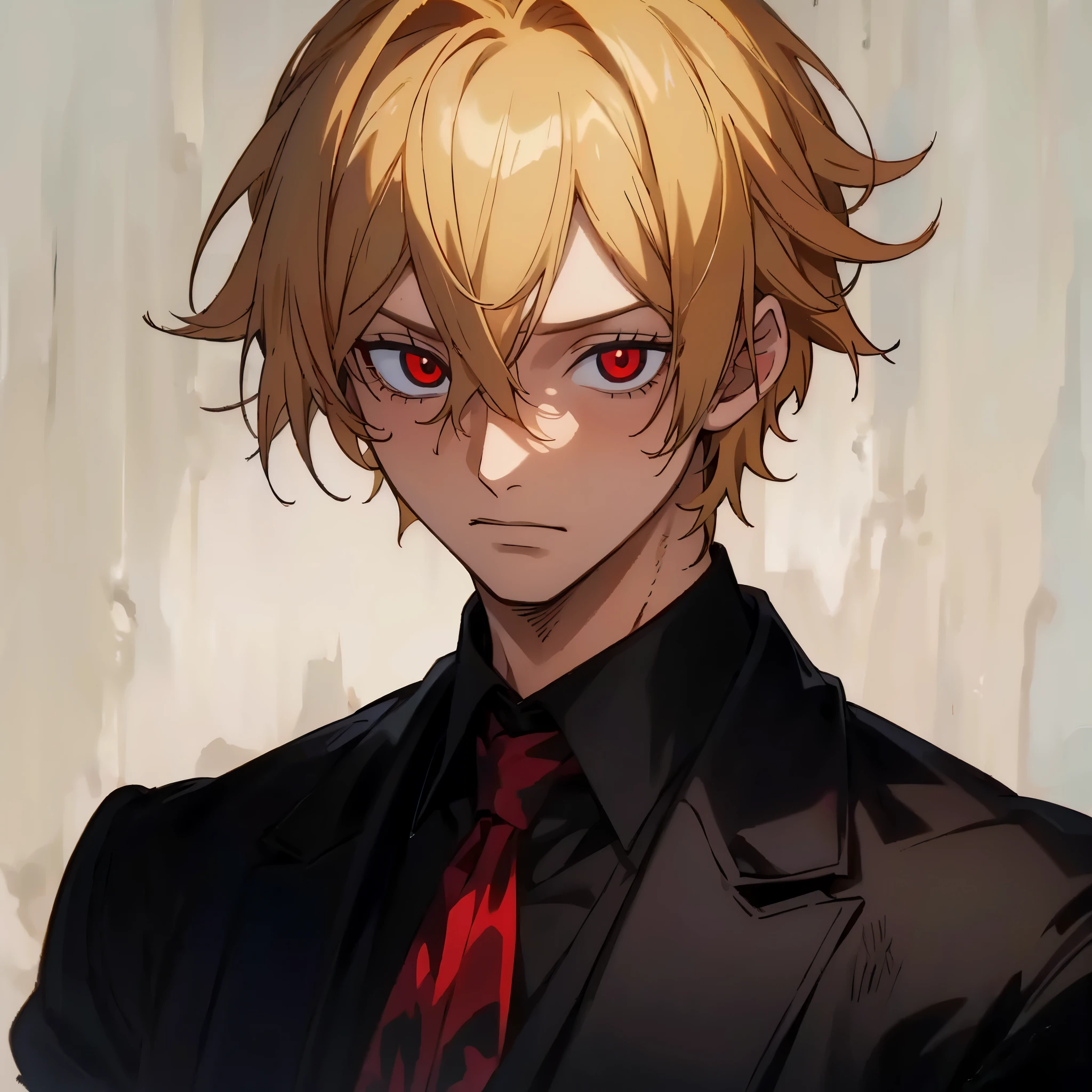 masterpiece, best quality, high quality, 1boy, solo, male focus, looking at viewer, upper body, king_of_despair, red eyes, blonde hair, hair between eyes, realistic,