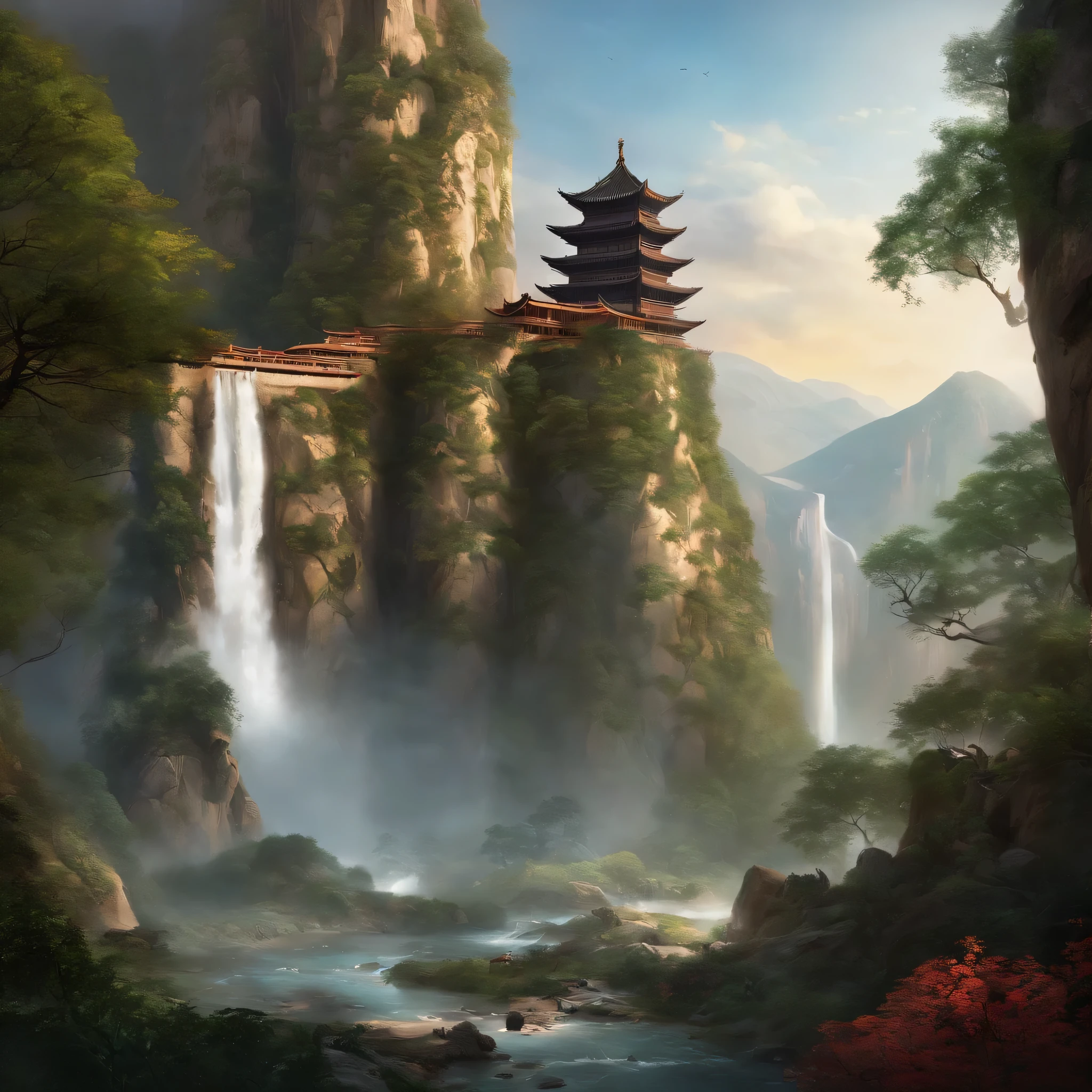Painting of a tower in a mountain landscape with a waterfall, Matte painting by Fan Qi, cgsociety contest winner, fantasy art, Chinaの風景, digital painting of tower, China'city of dreams, chinese fantasy, zen temple background, Oriental wallpapers, landscape artwork, amazing art landscape, illustration matte paint, matte painting fantasy,mignon, Detailed landscape — width 672