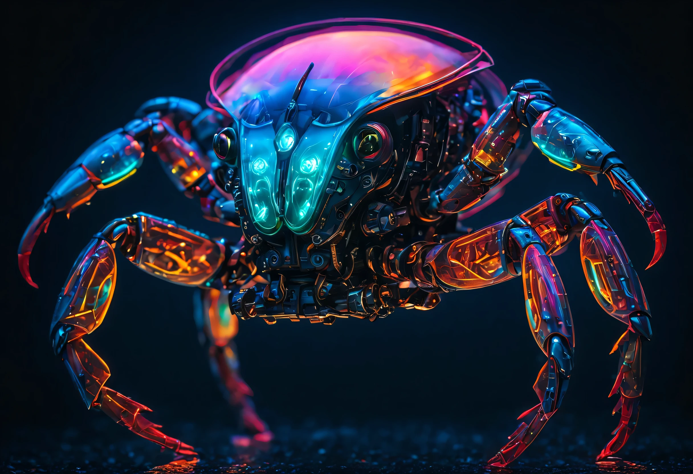 bioMechanical style Ultra detailed illustrations, phantom magical creature, (Translucent skin: 1.5), (translucent body: 1.5) The Art of Ms Schiff, neon lights, light particles, color, cmyk color, backlight, cyberpunk, close up, Mechanical, (whole body: 1.9), dark background, View from top to bottom. blend of organic and Mechanical elements, futuristic, cybernetic, detailed, complex,Selective focus, Miniature effects, blurred background, highly detailed, Energetic, View control,(Rich color:1.6),Crab