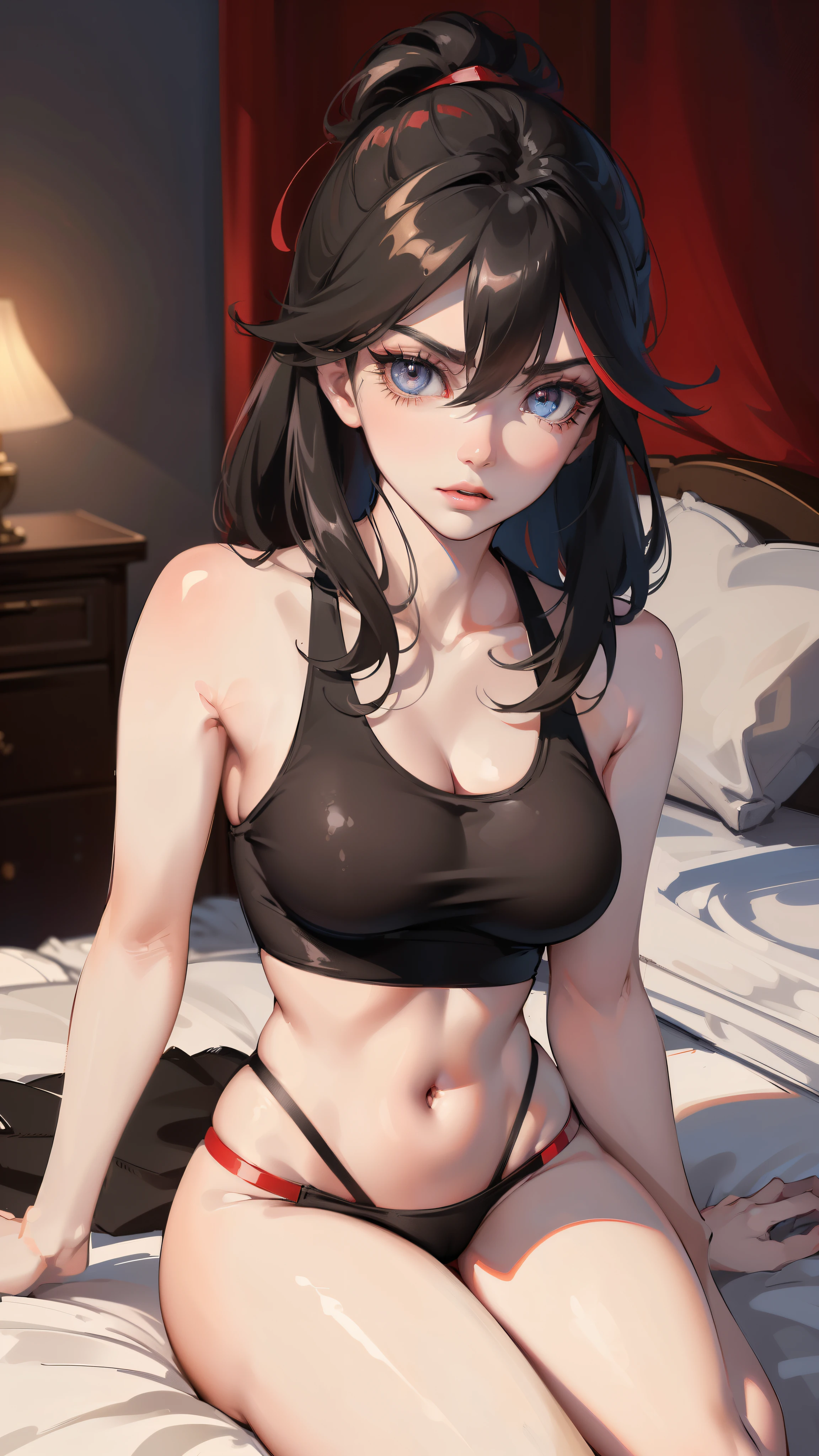 Matoi Ryuuko (Kill la kill), Fleshy thighs, Instagram pose,Dynamic angle, Show armpits, ((Tank top)), C cup, Happy expression, (Entire body image:1.5), (8K, Best quality, A high resolution:1.35), (RAW photo:1.2), (Photorealistic:1.37), (Masterpiece: 1.25), Dramatic lighting, Photon maping, Symmetry, Complexity, Elegance, (1 girl), Large breast, Long eyelashes, Detailed eyelashes, Eye shadows, Glowing eyes, ((Natural makeup, Clear facial features)), ((Fine detailed beautiful eyes: 1.2)), ((Curvy build, Showing stomach)), Bad girl, Erotic, ((Bed background))