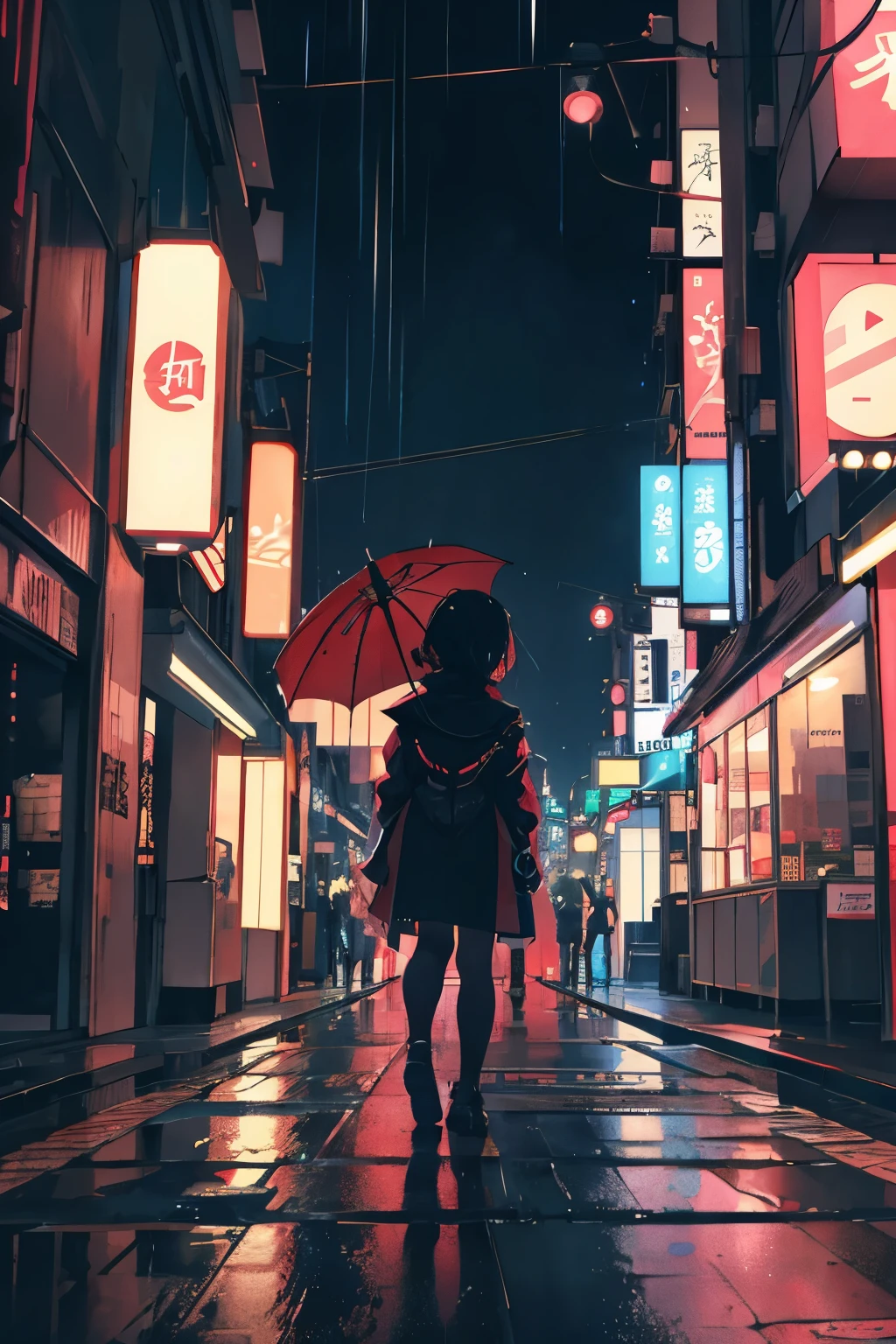 1. Two figures in a cyberpunk Tokyo night,
A Japanese girl, darling and fine,
Under a streetlamp's soft, unyielding light,
Holding an umbrella, shielding from the rain,
Tears silently falling, heart filled with might.
In the back, a man, strong and prime,
Walks away, his back to the forlorn time,
Distance growing, endlessly, it seems,
The cityscape of neon lights, the rain's cold gleam.
2. Amidst the bustling neon cyberpunk scene,
A solitary Japanese