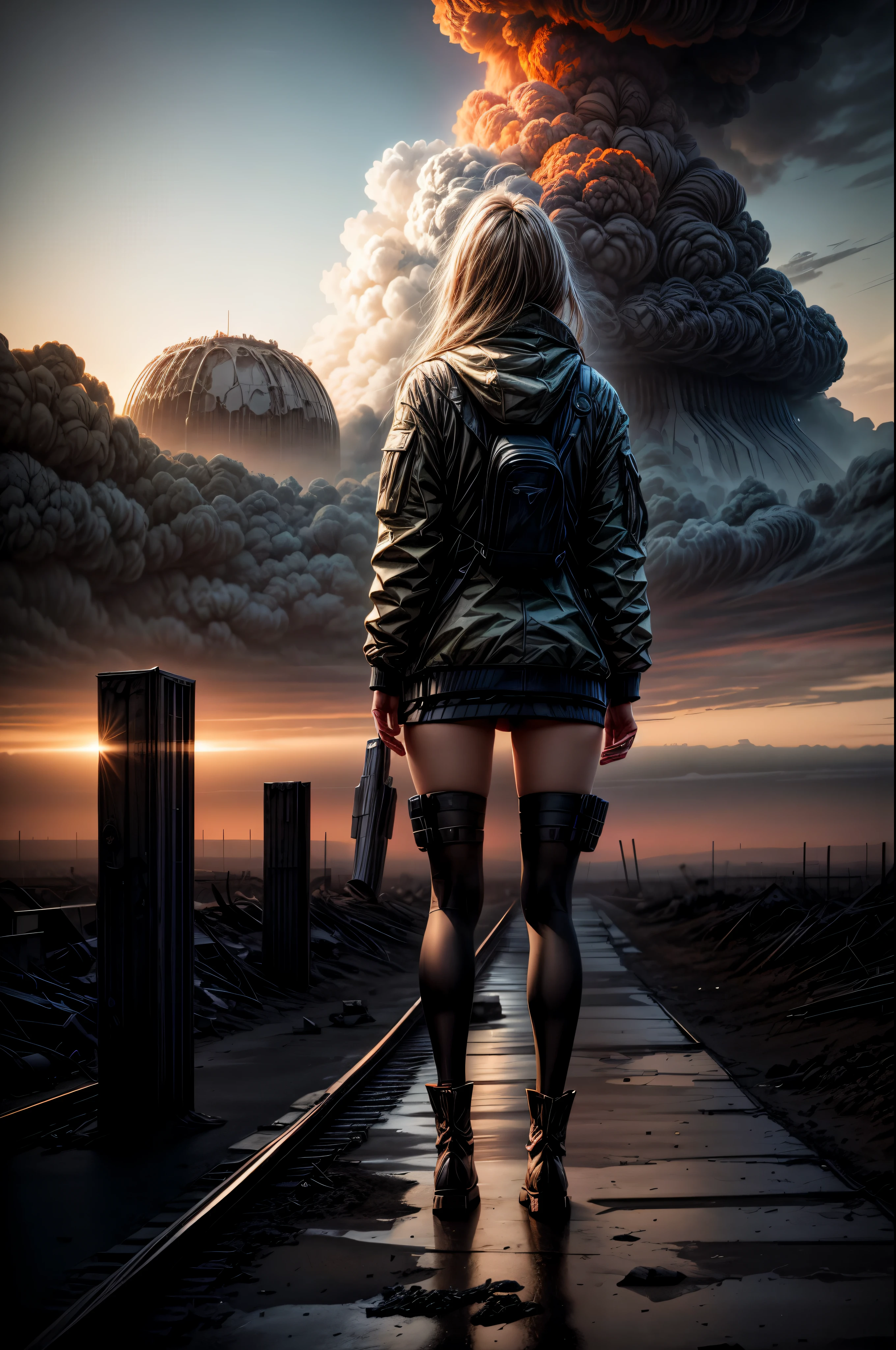 A woman standing in the middle of a ruined city, In the distance a nuclear explosion can be seen, destruindo o horizonte, with a cinematic style, detalhes alucinantes, sombreamento pesado e luzes claras.