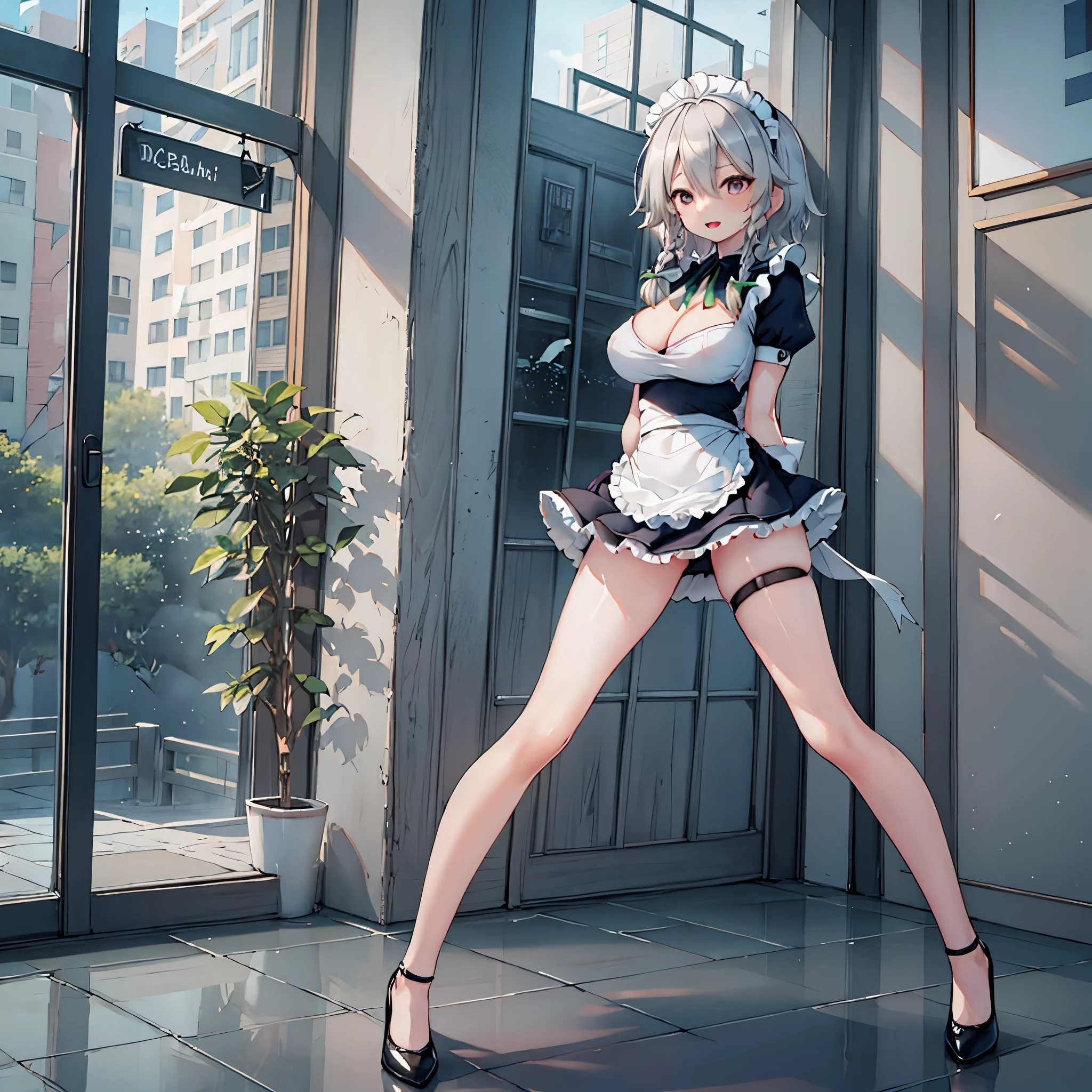 (solo Sakuya toho character standing at front of large glass windows), skinny, (open long legs wide:1.3), BREAK, (large perky breasts), (emphasize cleavage), (inconceivably thin narrow waist:1.7), short torso, thin long legs apart, arms behind back, arched back, emphasize thigh gap, BREAK, (very short maid dress) lifted breasts up, (maid dress cinches narrow waist too tight:1.4), cleavage cutouts wide, (too short skirt:1.3), highheels, tiptoe, (pigeon toed), smile for viewer, open mouth, (orgasm), nsfw