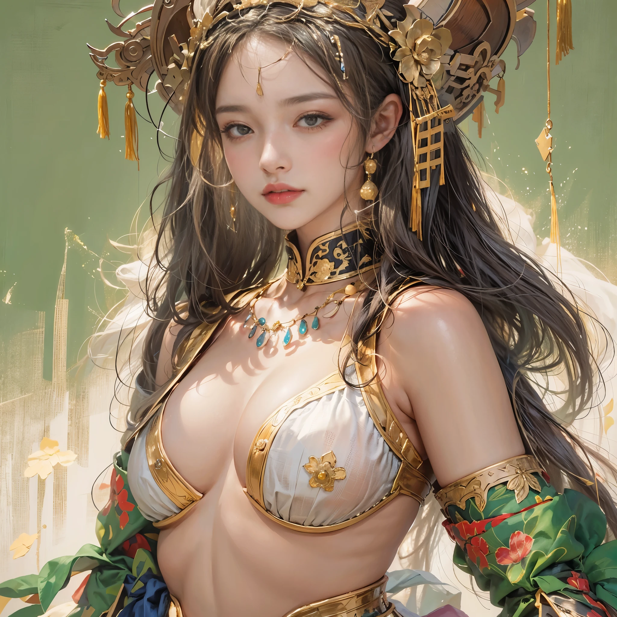 realistic portrait, high resolution, soft light,1 lady, only, Full body image, slender figure, beautiful butt, sparkling skin, overflowing, exposed breasts.., (Highly detailed faces), Chinese armor