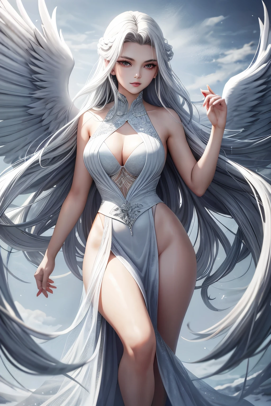 A gorgeous woman with red-winged angel wings, her skin as white as snow, hair as dark as a shadow, a seductive curvaceous body, clad in translucent and flowing attire, exuding charm with every dynamic pose, full-body photograph.