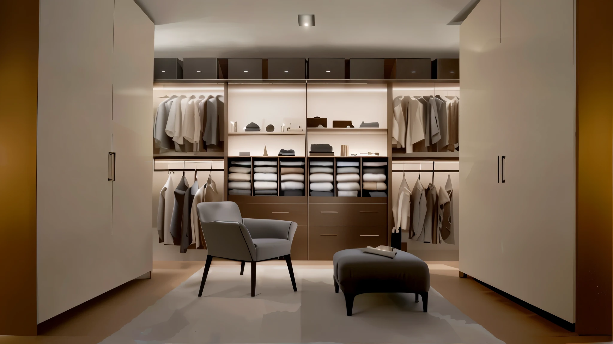 There is a chair and a footstool in Arafad&#39;s wardrobe, elegant wardrobe, Elegant futuristic wardrobe, Organized, elegant minimalism, Neat and tidy, cupboard家具, clean and Organized, modern gallery furniture, smooth curves, exiting from a wardrobe, elegant furniture, designer furniture, Live, author：Jürgen von Hunderberg, Luxurious materials, cupboard