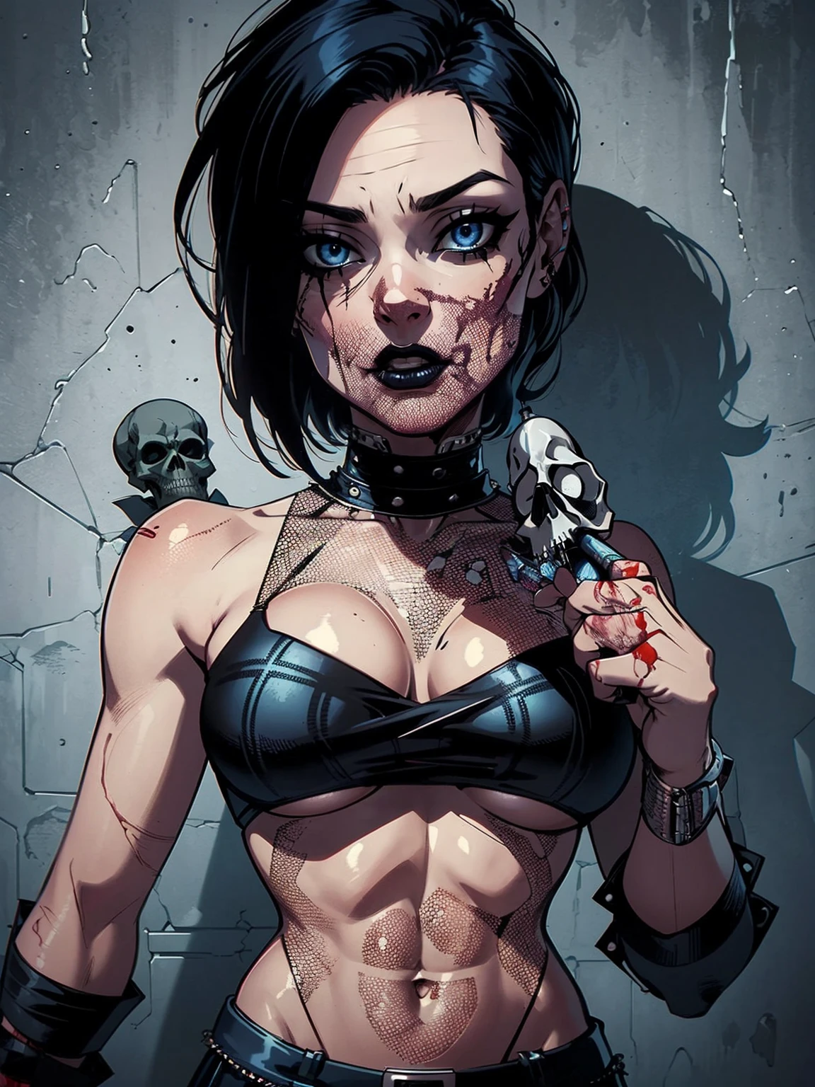 a woman with short black hair, hair on shoulders, wearing a black cropped and plaid skirt, plaid jacket blue eyes, zombie art, gothic art, cute aesthetic with vibe, toon aesthetic, wearing red costume, wearing gothic accessories, look like Cassie Hack, upper body, holding a skull in his hand, horror background