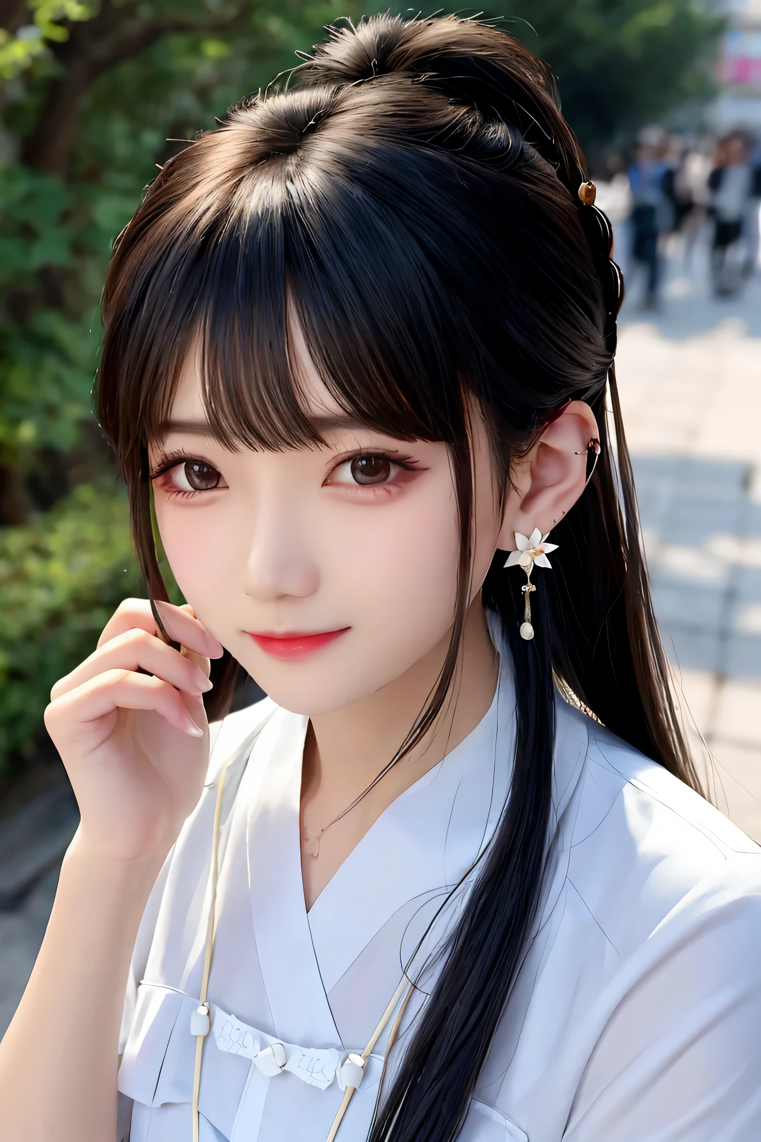Lovely hairstyle, messy of, earrings, Street style, carefree look, Solid background, expression of indifference, simple background, minimalist, of