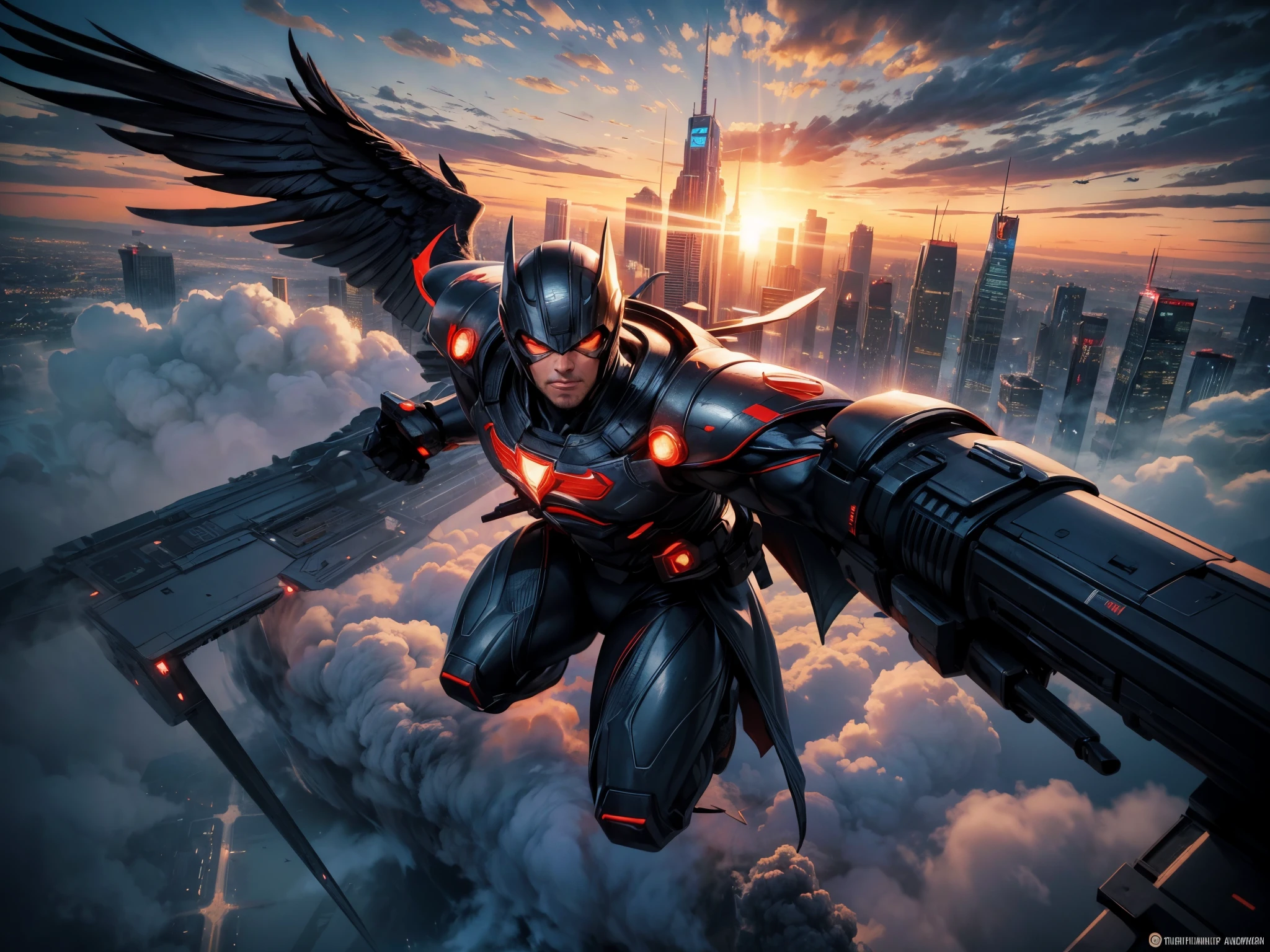 (highres),(realistic:1.37),a hero of another world, flying over the city, vibrant colors, detailed architecture, bustling streets, breathtaking skyline, dynamic and energetic composition, heroic pose, epic lighting, metropolis, urban landscape, futuristic atmosphere, surreal skyscrapers, neon lights, fast-paced action, cape billowing in the wind, thrilling sense of adventure, bustling traffic below, the hero's determined expression, confident and powerful, soaring through the clouds, awe-inspiring view, birds-eye perspective, dramatic shadows, superhero emblem shining brightly, grandeur and majesty, symbolic of hope and justice, high-tech gadgets and weaponry, bustling city life, civilians looking up in awe, dynamic motion blur, the hero's flowing hair, heroic silhouette against the setting sun.