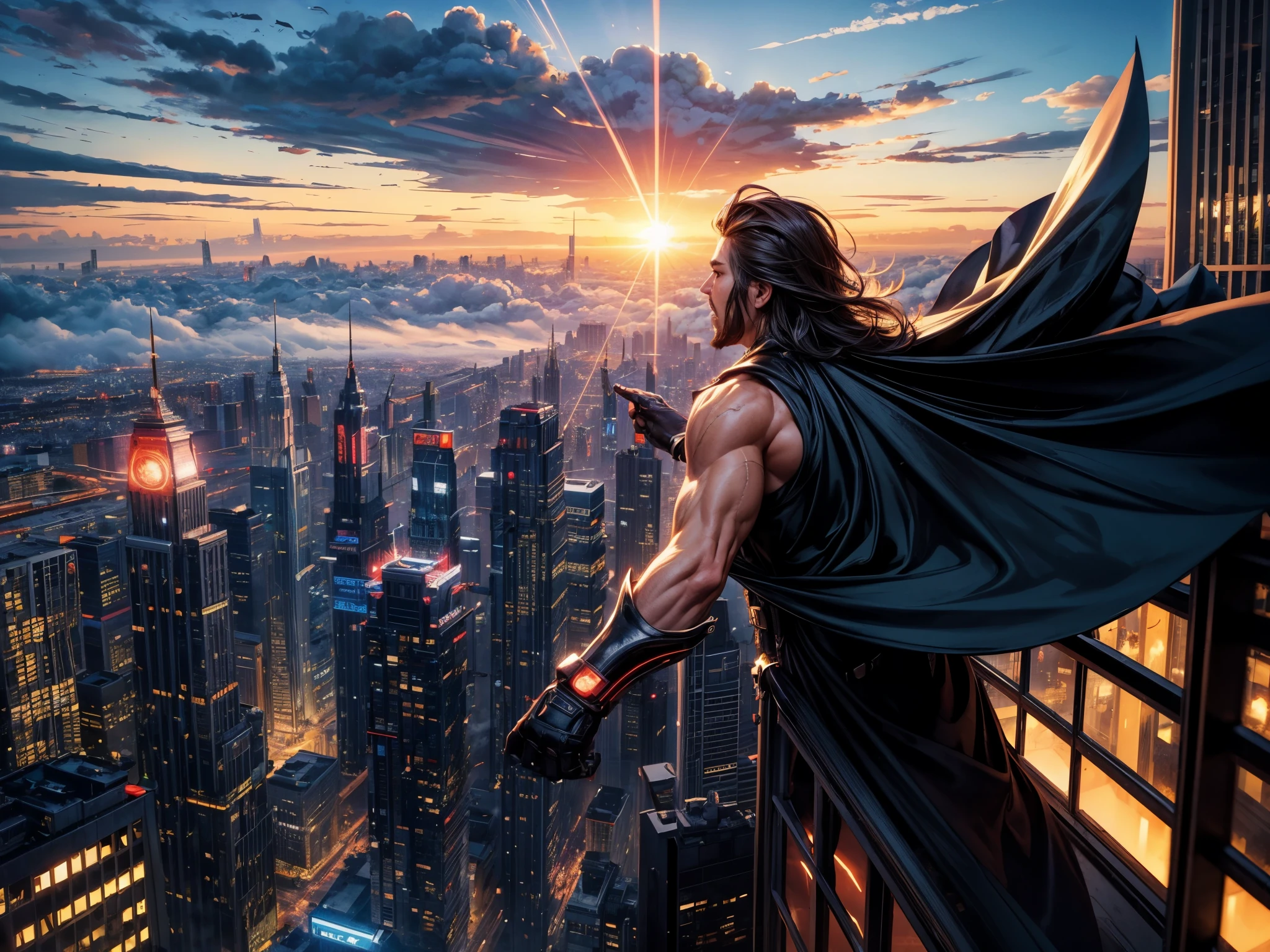 (highres),(realistic:1.37),a hero of another world, flying over the city, vibrant colors, detailed architecture, bustling streets, breathtaking skyline, dynamic and energetic composition, heroic pose, epic lighting, metropolis, urban landscape, futuristic atmosphere, surreal skyscrapers, neon lights, fast-paced action, cape billowing in the wind, thrilling sense of adventure, bustling traffic below, the hero's determined expression, confident and powerful, soaring through the clouds, awe-inspiring view, birds-eye perspective, dramatic shadows, superhero emblem shining brightly, grandeur and majesty, symbolic of hope and justice, high-tech gadgets and weaponry, bustling city life, civilians looking up in awe, dynamic motion blur, the hero's flowing hair, heroic silhouette against the setting sun.