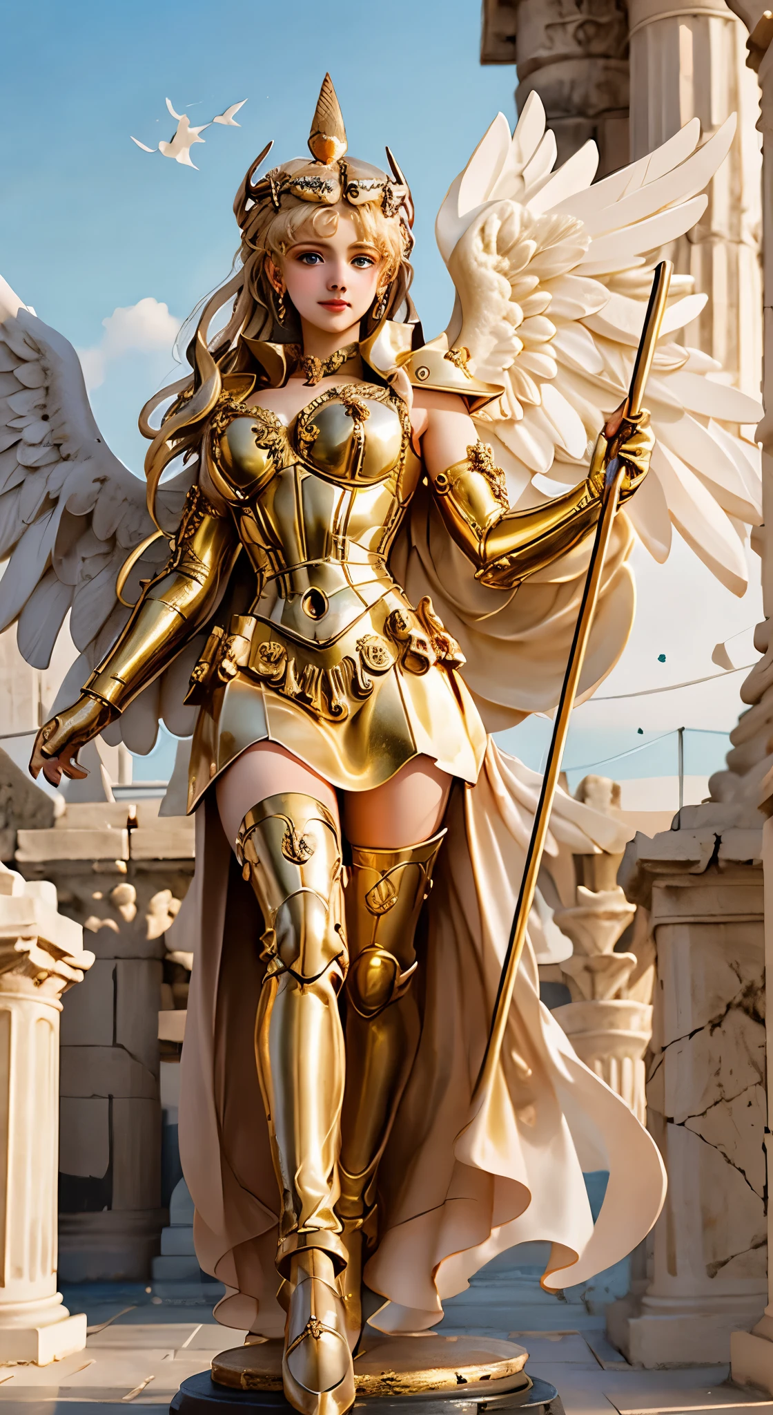 uma estátua de uma mulher segurando uma lança e uma bandeira em frente a um prédio com colunas e colunas, deusa grega athena, o deus Atena, Atena deusa da sabedoria, deusa dourada atena, Deusa da mitologia grega, Estátuas de mármore, the deusa grega aphrotite, deusa grega, old deusa grega, Vitória Alada!!!, estilo neoclassicismo, Vênus deusa Atena, masterpiece, best quality, (()), ((18yo)), ((female )), clear face, cute teenage girls, perfect anatomy, wet, happy smile, realistic face, realistic, dynamic side lignhting, perfect lighting, dynamic pose, dynamic angle, (1girl), solo focus, small breast, ((lolita)),photoreal ,hug, looking at viewer, FEMALE ANGEL WITH FOUR WINGS, WITH RAISED ARM, GREEK STYLE, REALISTIC, MEDIABLE, CLASSICAL STYLE, CLASSICAL PAINTING, REALISTIC PAINTING, GOLDEN ORNAMENT, GOLDEN SHOULDER, GOLDEN WINGS, MAIDEN, GODDESS, ROMAN GREEK MUSE, ROMAN, LONG HAIR, GOLDEN HAIR, 8K RESOLUTION, Angelika Kauffmann STYLE PAINTING, William-Adolphe Bouguereau STYLE PAINTING, REALISTA, (Best quality, 4K, 8K, A high resolution, Masterpiece:1.2), Ultra-detailed, Realistic portrait, Detailed expression, Graceful posture, Dreamy atmosphere, expressive brush strokes, mystical ambiance, Artistic interpretation,Beautiful coiled hair,Delicate floral jewelry, Amazing little fresh style clothing, a whimsical illustration, Subtle colors and tones, mystical aura,The details have been upgraded