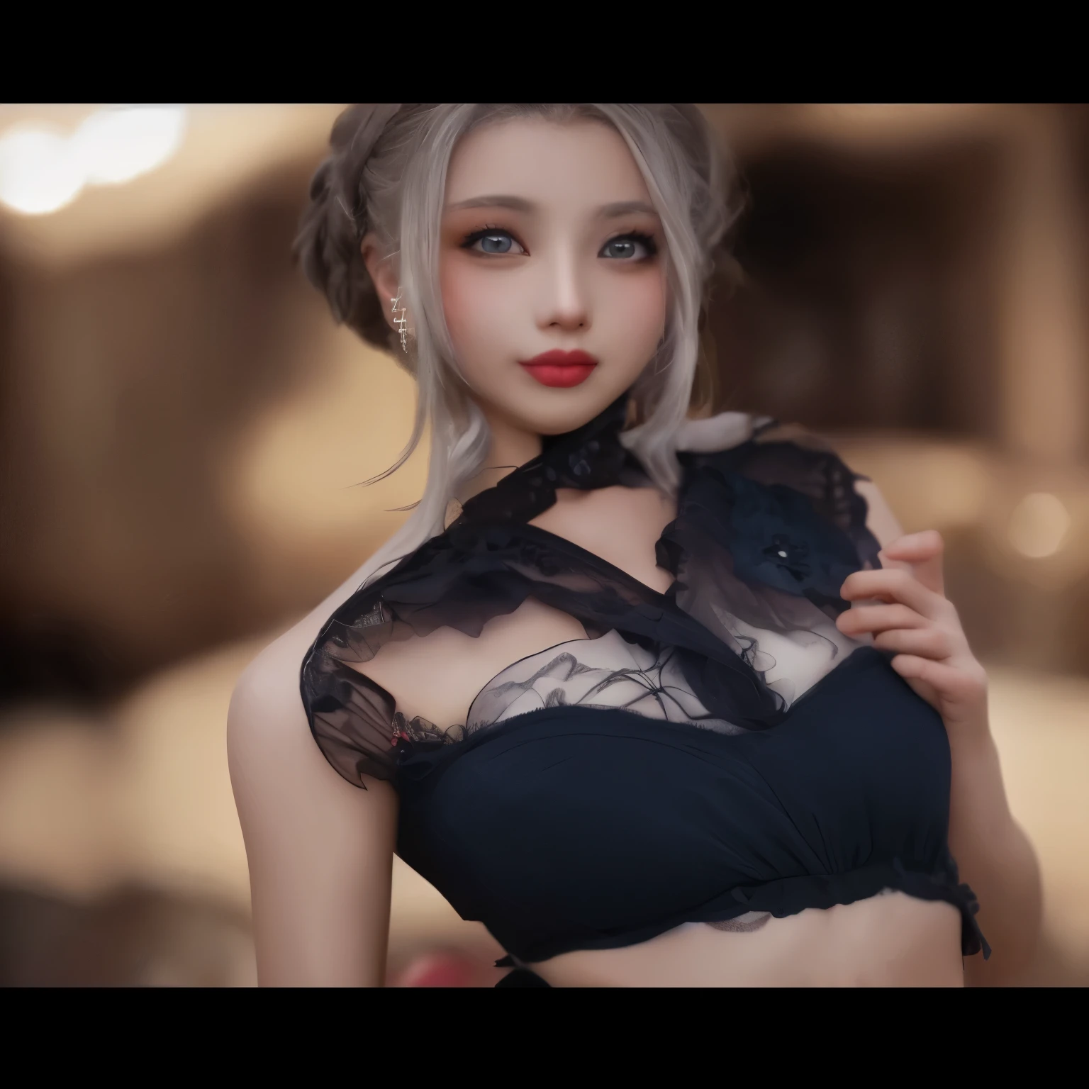 Woman lying in palace v6, mature, black transparent tights, exquisite decoration, necklace, earrings, full body v6, short white hair, pronounced cleavage, translucent clothes, pattern on clothes, open-chest outfit, black silk miniskirt, visible, superlative, ultra high-definition, raw photo, realism: 1.25), (bright lip gloss, long eyelashes, smooth face, glossy skin, natural shadows, wide light, wide light, depth of field, intense colors, subtle caustics: 0.8), smile, (big tits), v6