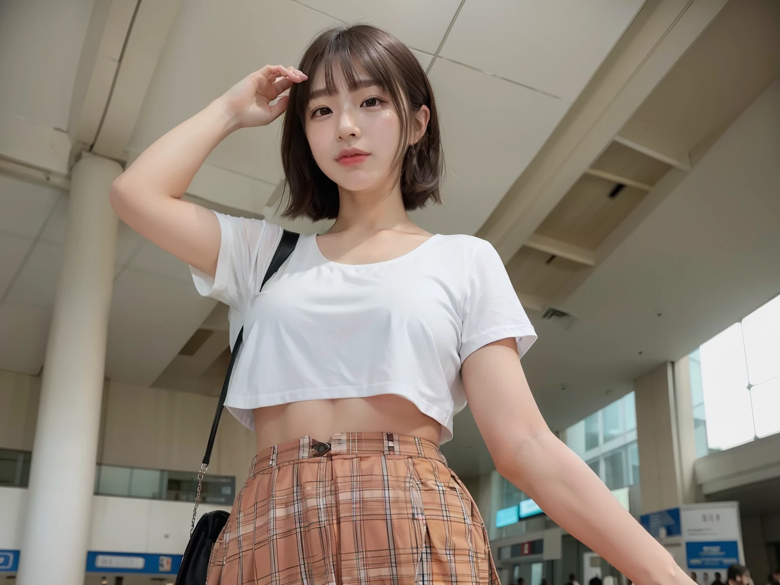 ((Best quality, 8k, Masterpiece: 1.3, raw photo)), Sharp focus: 1.2, (1 AESPA girl: 1.1), (realistic, photo-realistic:1.37), face focus, cute face, small , flat , brunette short messy hair, sitting, elbows on table, white shirt, skirt, airport, terminal, station, sunlight, cinematic lighting, from below