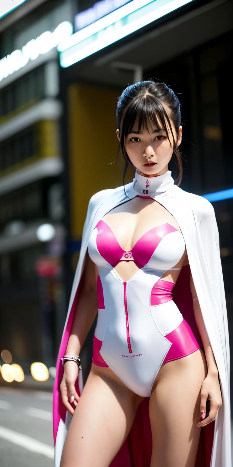 綾波レイ、detailed eyes and face, neon lights, futuristic city, cyberpunk, glowing colors, rainy streets, reflective surfaces, high-tech gadgets, intense focus, suspenseful atmosphere, mysterious presence, avant-garde fashion, dynamic poses, cinematic composition, sci-fi elements, vibrant energy