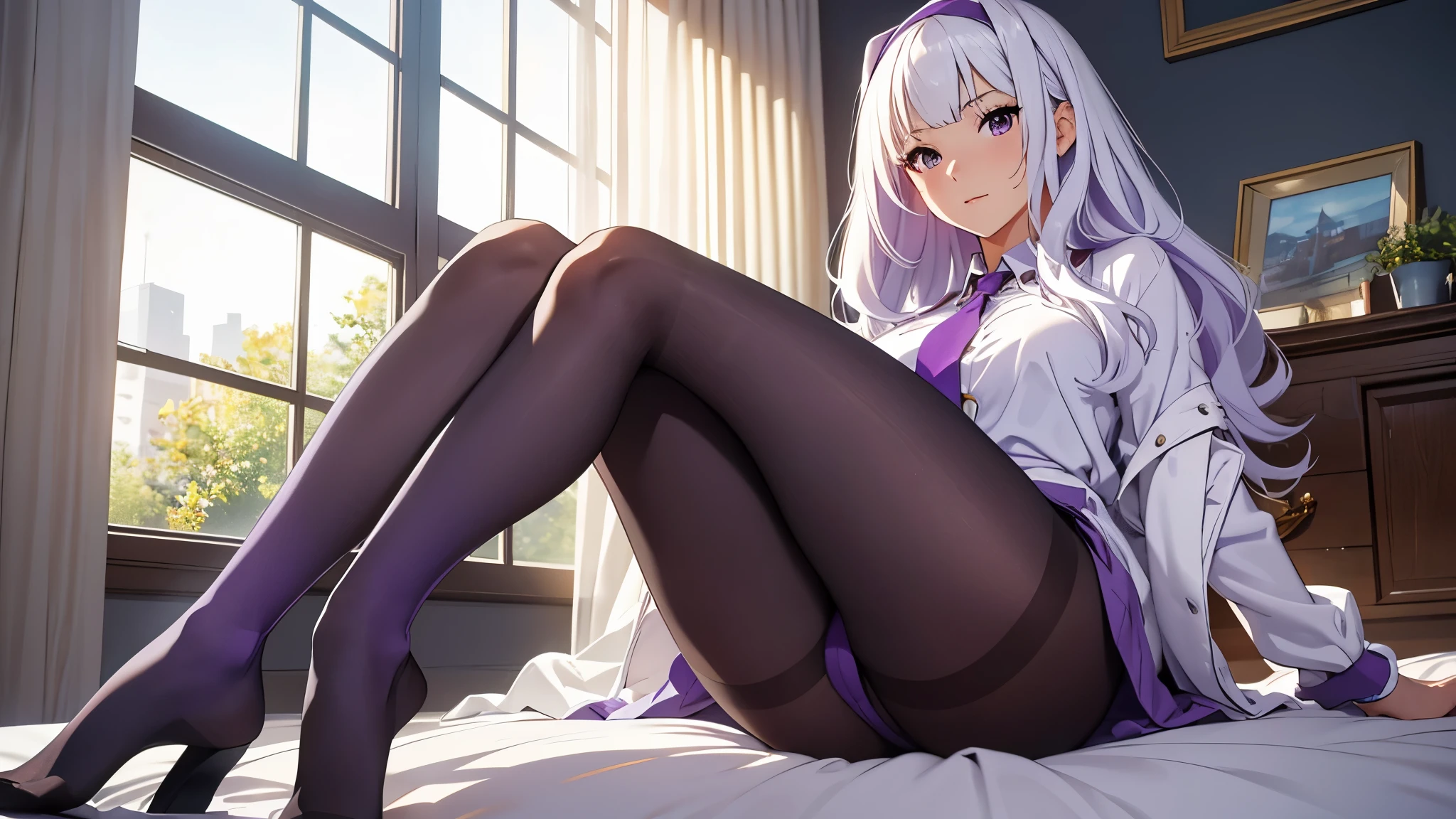 CG, unity, 8k, wallpaper, highest quality, masterpiece, lovely woman, 18-year-old, white hair, white skin, BREAK, white blouse, no shoes, sexy legs, sexy feet, (purple pantyhose:1.3), (Realistic:1.2), sitting on the bed, best lighting, complex pupils, complex textile, detailed background, There is a big window at the back, Beyond the window is a grassland and blue sky, morning, white room