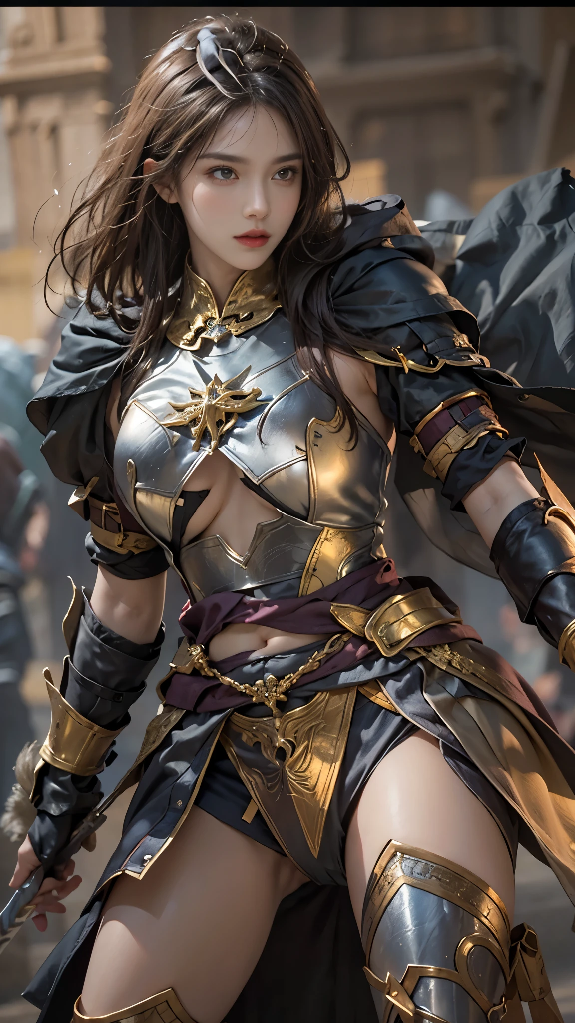 realism,battle scene, high resolution, 1 tall woman, golden ratio,alone,Combat gaps,off and on, view viewer, (Detailed face), medium breasts, Belly button leaks,Bare thighs,strong,Plum,knight armor,