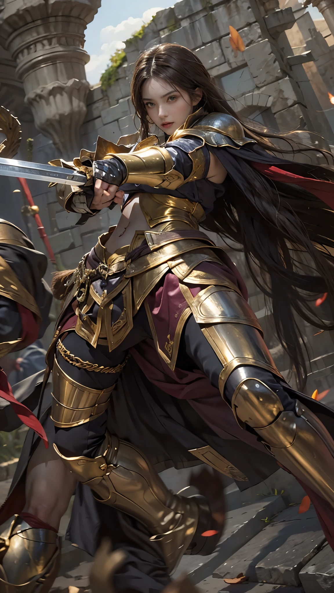 A close up of a woman in armor holding a sword - SeaArt AI