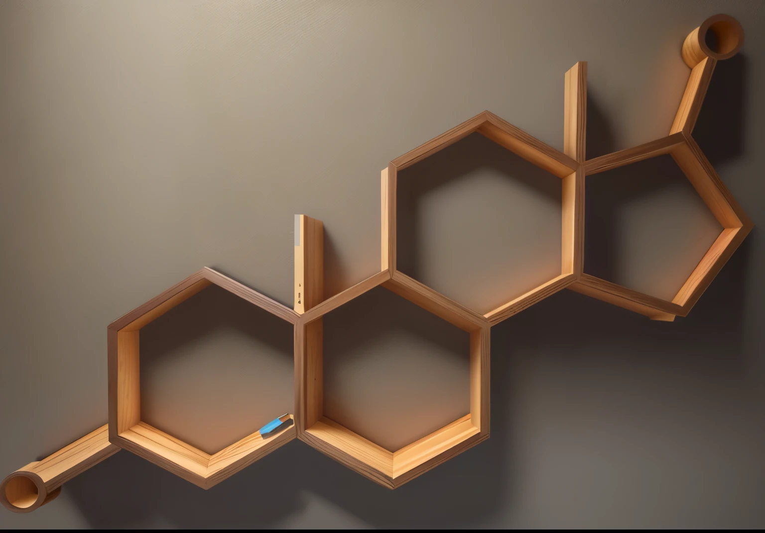 there are three wooden shelves that are stacked on a wall, hexagonal wall, hexagons, honeycomb structure, hexagonal shaped, shelves, shelf, hexagonal, hexagon, polygonal wooden walls, simple wood shelves, modular, honeycomb, hexagons in the sky, hexglow, geometric but organic, sustainable materials, book shelf