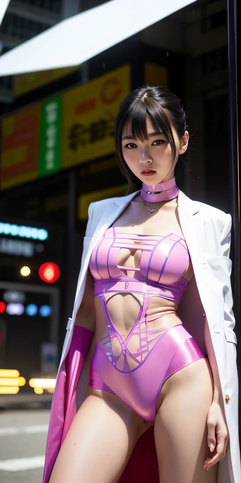 綾波レイ、detailed eyes and face, neon lights, futuristic city, cyberpunk, glowing colors, rainy streets, reflective surfaces, high-tech gadgets, intense focus, suspenseful atmosphere, mysterious presence, avant-garde fashion, dynamic poses, cinematic composition, sci-fi elements, vibrant energy