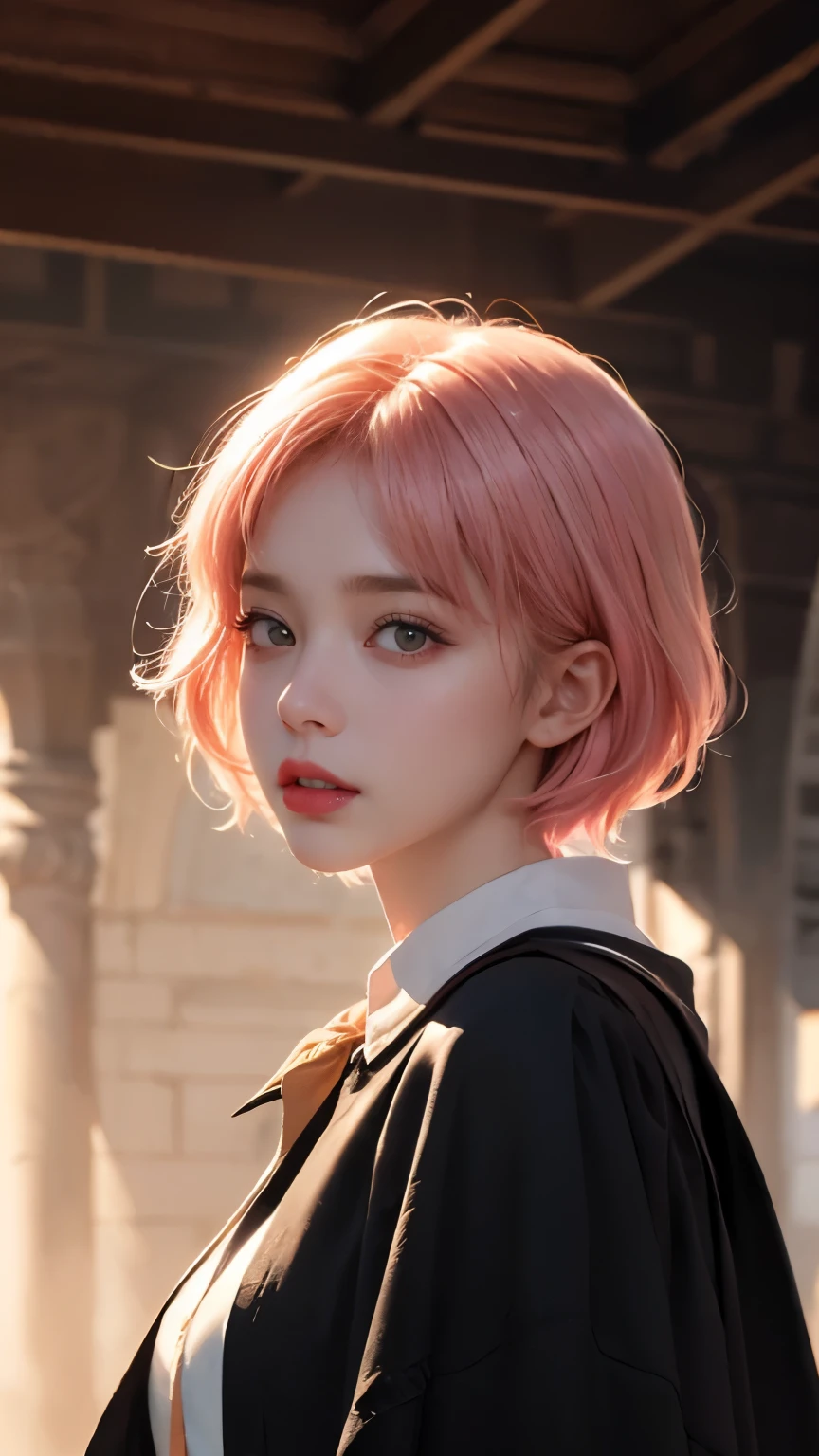 1 girl, pink short hair,(赫奇帕奇学院斗canopy),( canopy:1), (coat black:1),yellow Eye, looking at the audience, alone, Upper body,(masterpiece:1.4),(best quality:1.4),red lips,open lips, Hogwarts Castle:1,dramatic shadows,Extremely_beautiful_detailed_Japanese cartoons_Face_and_Eye,an Extremely delicate and beautiful,dynamic angle, camera, dynamic poses,depth of field,Color difference,backlight,watercolor, ink, epic, candystyle,