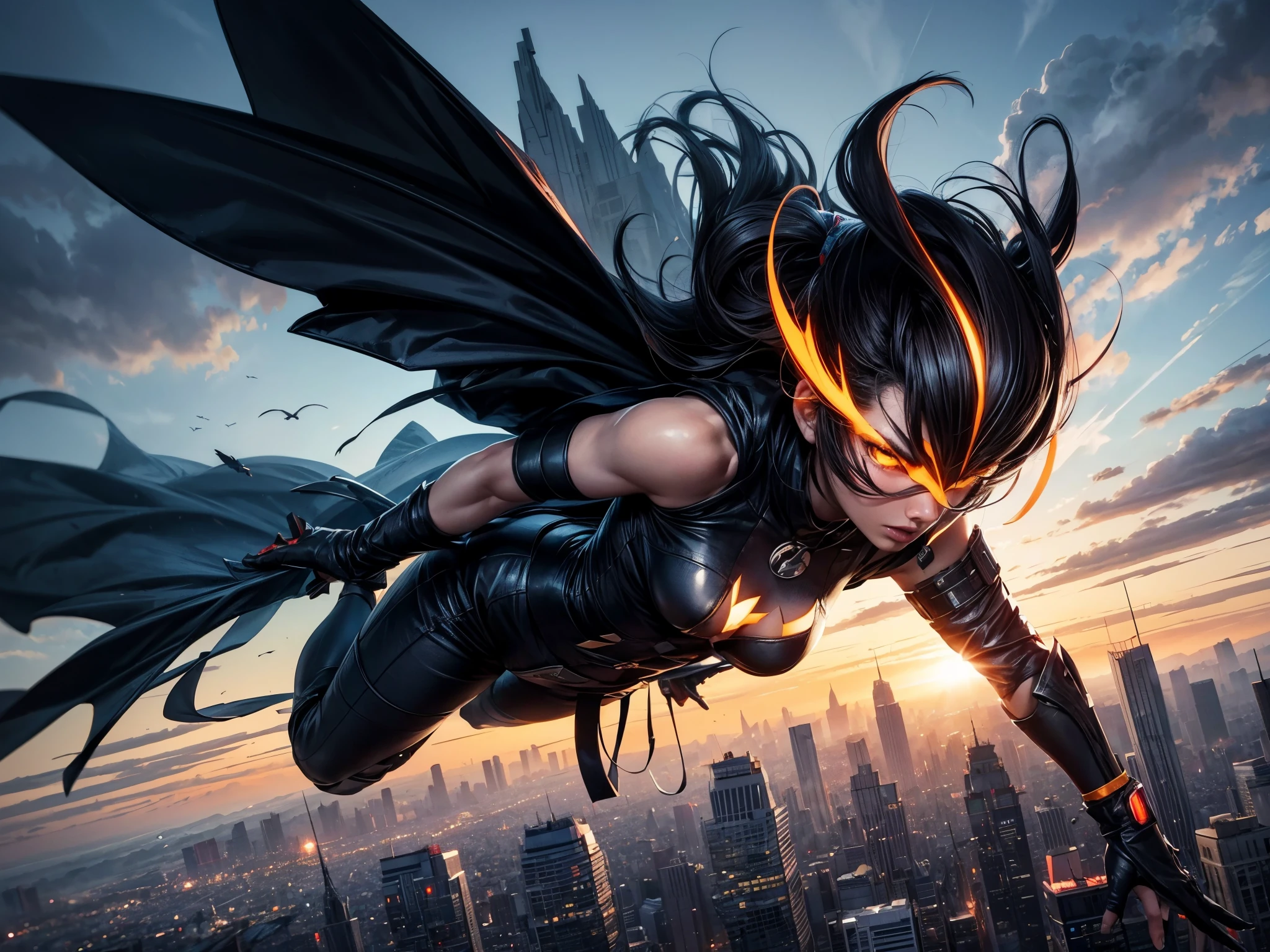 (highres),(realistic:1.37),a hero of another world, flying over the city, vibrant colors, detailed architecture, bustling streets, breathtaking skyline, dynamic and energetic composition, heroic pose, epic lighting, metropolis, urban landscape, futuristic atmosphere, surreal skyscrapers, neon lights, fast-paced action, cape billowing in the wind, thrilling sense of adventure, bustling traffic below, the hero's determined expression, confident and powerful, soaring through the clouds, awe-inspiring view, birds-eye perspective, dramatic shadows, superhero emblem shining brightly, grandeur and majesty, symbolic of hope and justice, high-tech gadgets and weaponry, bustling city life, civilians looking up in awe, dynamic motion blur, the hero's flowing hair, heroic silhouette against the setting sun.
