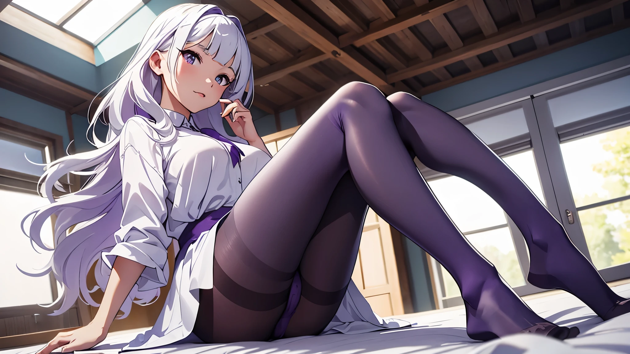 CG, unity, 8k, wallpaper, highest quality, masterpiece, lovely woman, 18-year-old, white hair, white skin, BREAK, white blouse, no shoes, sexy legs, sexy feet, (purple pantyhose:1.3), (Realistic:1.2), sitting on the bed, best lighting, complex pupils, complex textile, detailed background, There is a big window at the back, Beyond the window is a grassland and blue sky, morning, white room