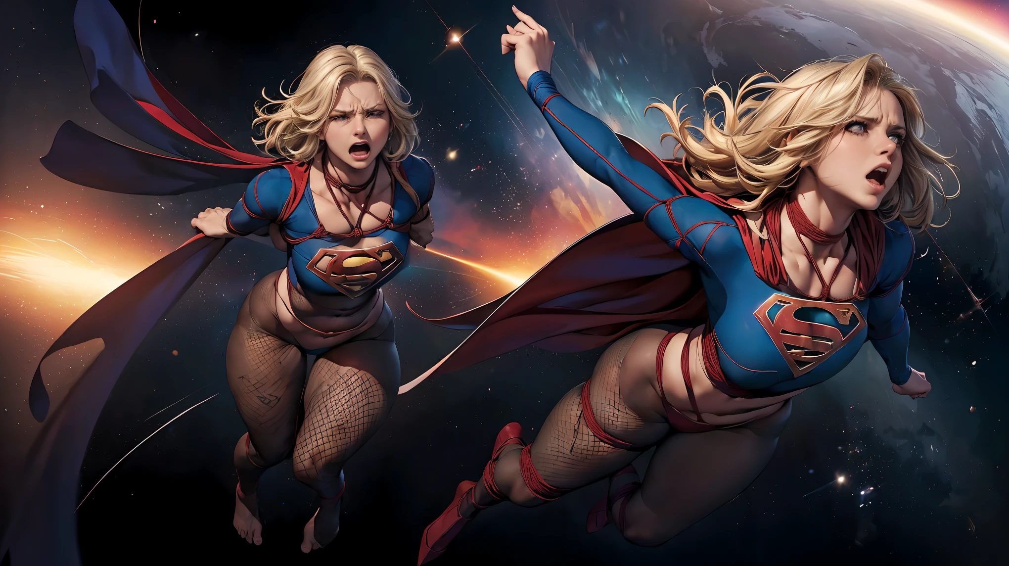 (((cabelo loiro))), ((full body view)), (((Ela tem cabelos loiros))), ((SUPERGIRL FLOATING IN OUTER SPACE, emotional expression,expression of pain e desespero, gritando de dor, Expression of suffering, olhos arregalados)) , ((SUPERHEROINE SUPERGIRL SE CONTORCENDO DE DOR)), (Supergirl usando uma grande calcinha vermelha). ((SUPERGIRL tem cabelo muito loiro, ela tem cabelo longo)), ((SUPERGIRL wearing fishnet pantyhose)), ( She is barefoot), ((SUPERGIRL wearing a thick metal necklace around her neck )), (Your clothes are immoral, your clothes are indecent, your clothes are tight), ((Shibari, arms behind the back:1.4)), ((hands on back)), ((string restriction)), ((Inevitable restriction with ropes)), (obra-prima, melhor qualidade) 1.5, 1 garota, sozinho, (sexy, mulher bonita, rosto perfeito, olhos perfeitos) corpo inteiro, ((High definition face)), ((SUPERGIRL com olhos arregalados, boca aberta, expression of fear, expression of pain, expression of despair, chorando muito, gritando de dor), ((full body view)), (((cabelo loiro)))