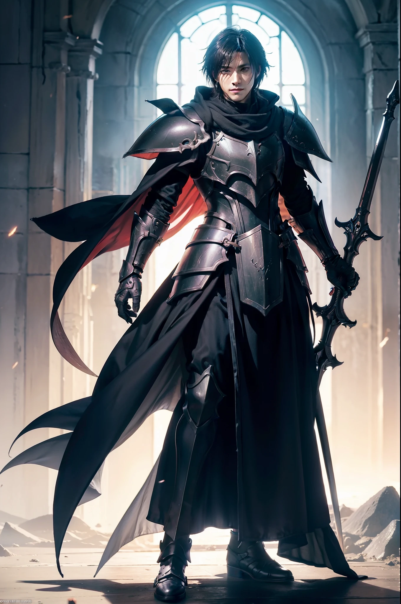 1 man,Hero of Another World, Knight in all-black fantasy armor, greatsword, zweihander, umhang, dark fantasy, gothic, nachthimmel, sichelmond, mondschein, final fantasy, viele details, fantasy, dark atmosphere, black knight, full body, dark souls, final fantasy XIV, dark knight, somnus lucis caelum, war of the visions: final fantasy brave exvius, senano yu