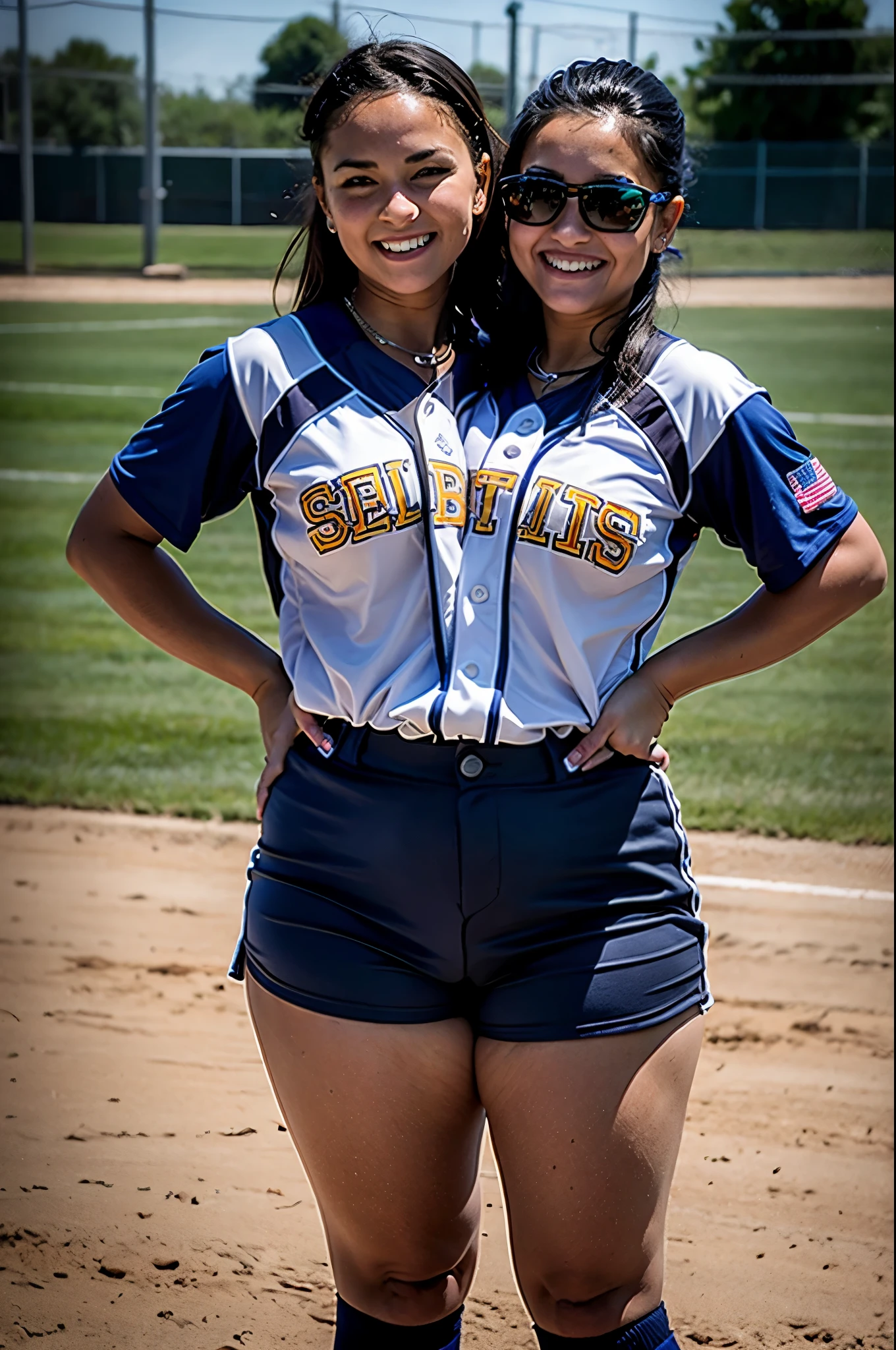 2heads, two headed girl, age 21, softball player, in her school softball uniform, on field,
