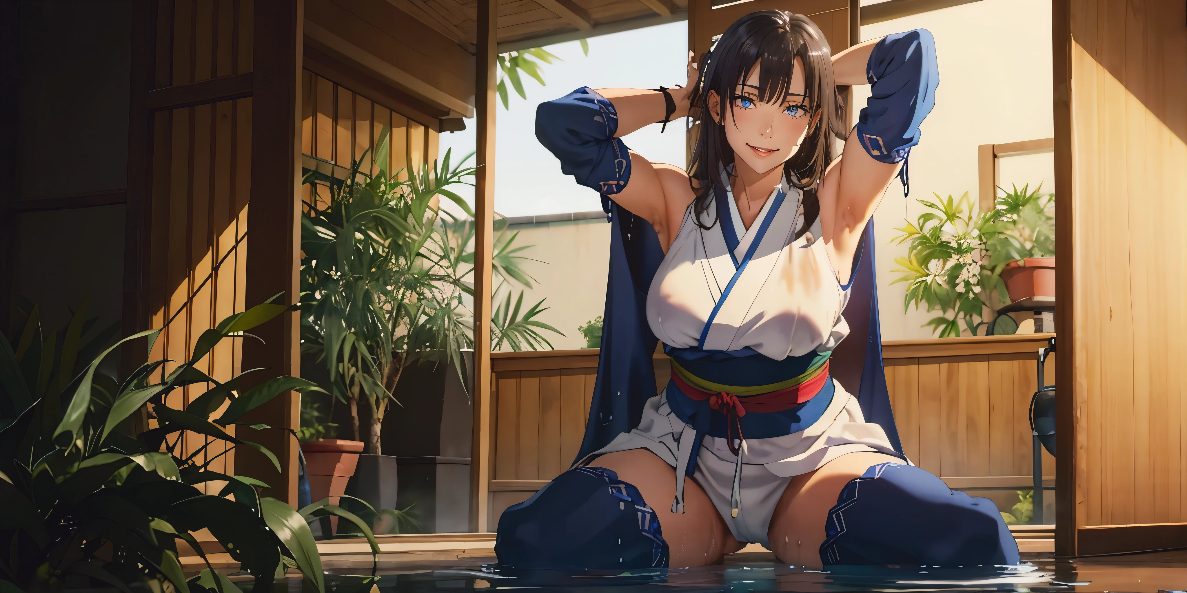 anatomically correct, best quality, masterpiece, high quality, high details, highres, HD, (shaded face:1.2), hollow eyes, blue eyes, looking at viewer, seductive smile, lips, black hair, long hair, 1girl, breasts, long_hair, water drop, sliding_doors, japanese_clothes, kimono, armpits, shouji, rain, bangs, large_breasts, sleeveless, tatami, indoors, obi, sash, wet_clothes, wet, blush, looking_at_viewer, thighs, solo, bare_shoulders, window, sleeveless_kimono, plant