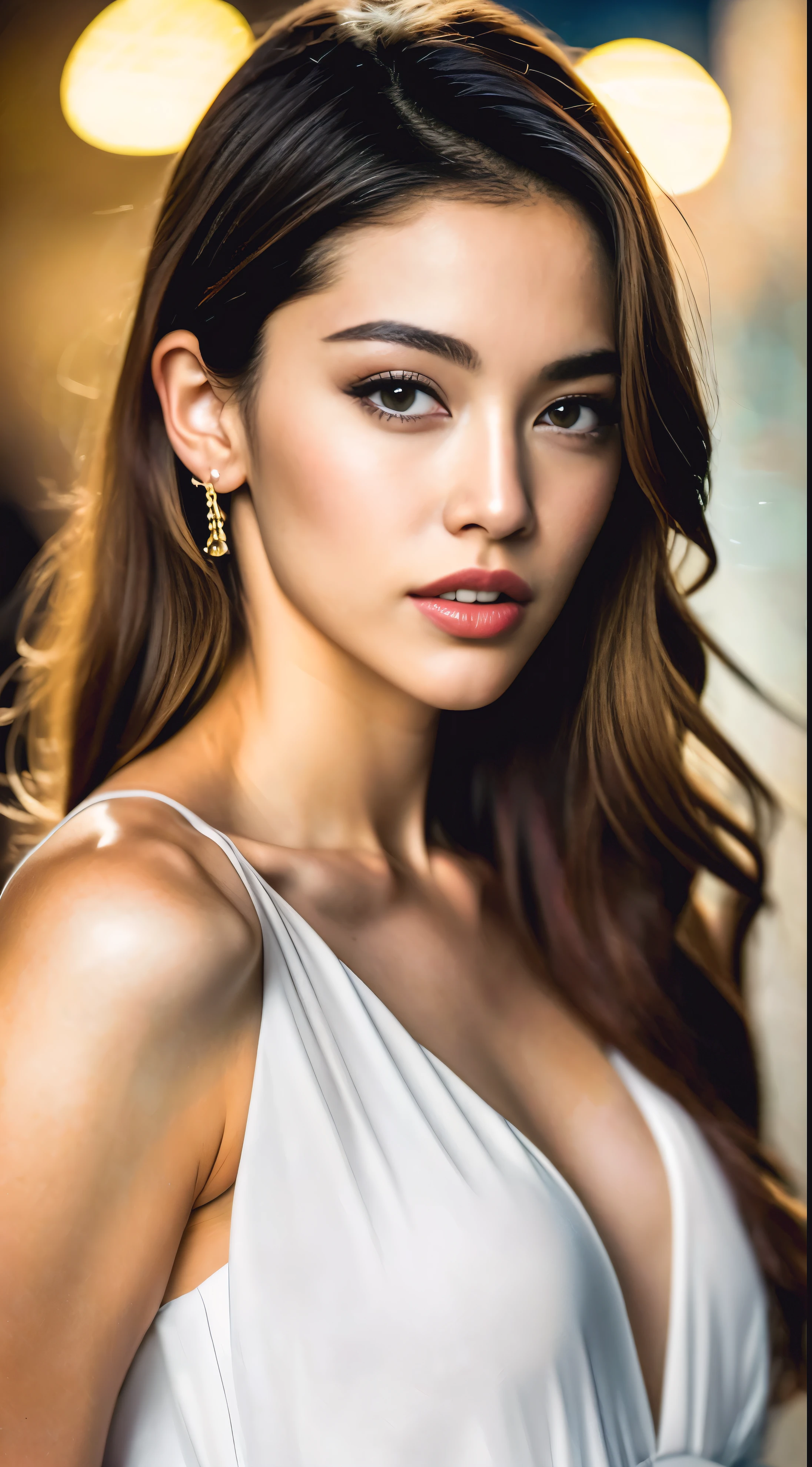 Fashion model 25 years old [[[[close]]], [[[[chest]]]], [[[[head]]], [shoulder]]]]], perfect eyes, perfect iris, perfect lips, perfect teeth, perfect skin, soft front light, shine, HDR, (soft colors: 1.2)、fashion show