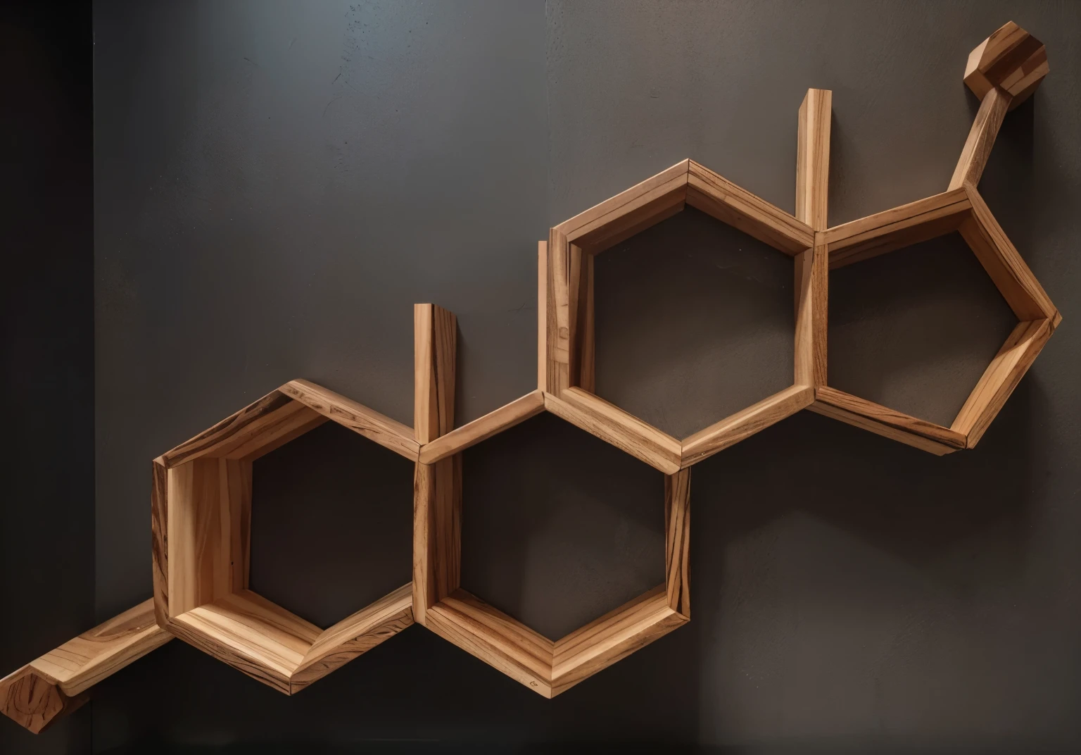 Wooden testosterone molecule shelf with four hexagons in a line that is not perfectly straight
