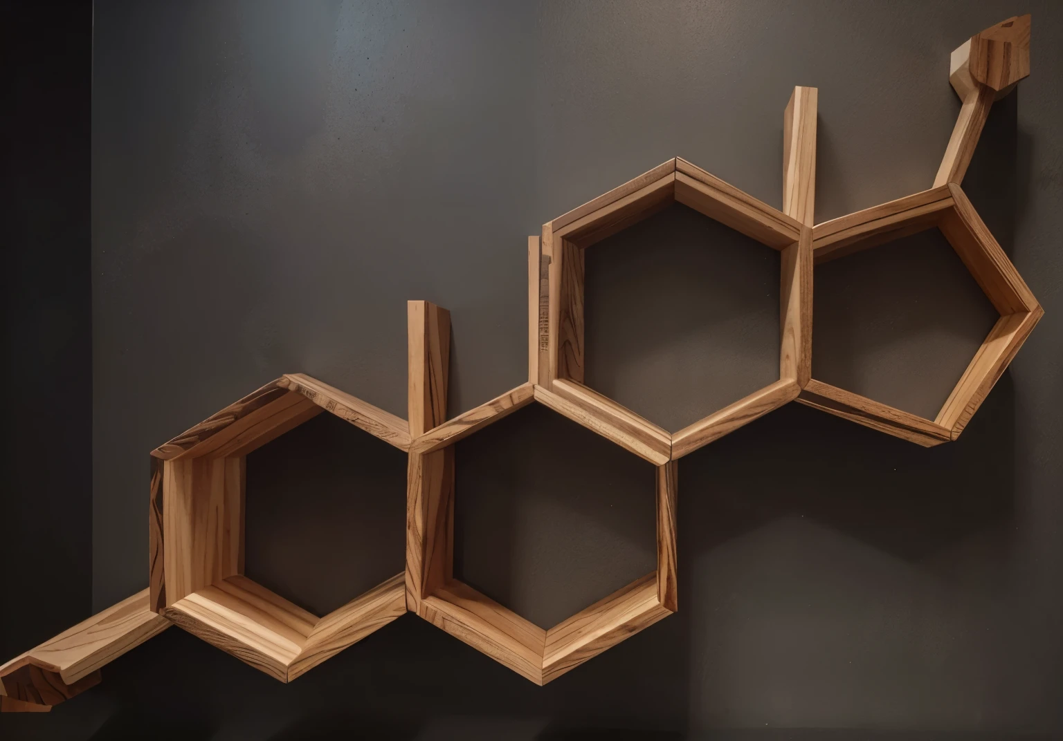 Wooden testosterone molecule shelf with four hexagons in a line that is not perfectly straight