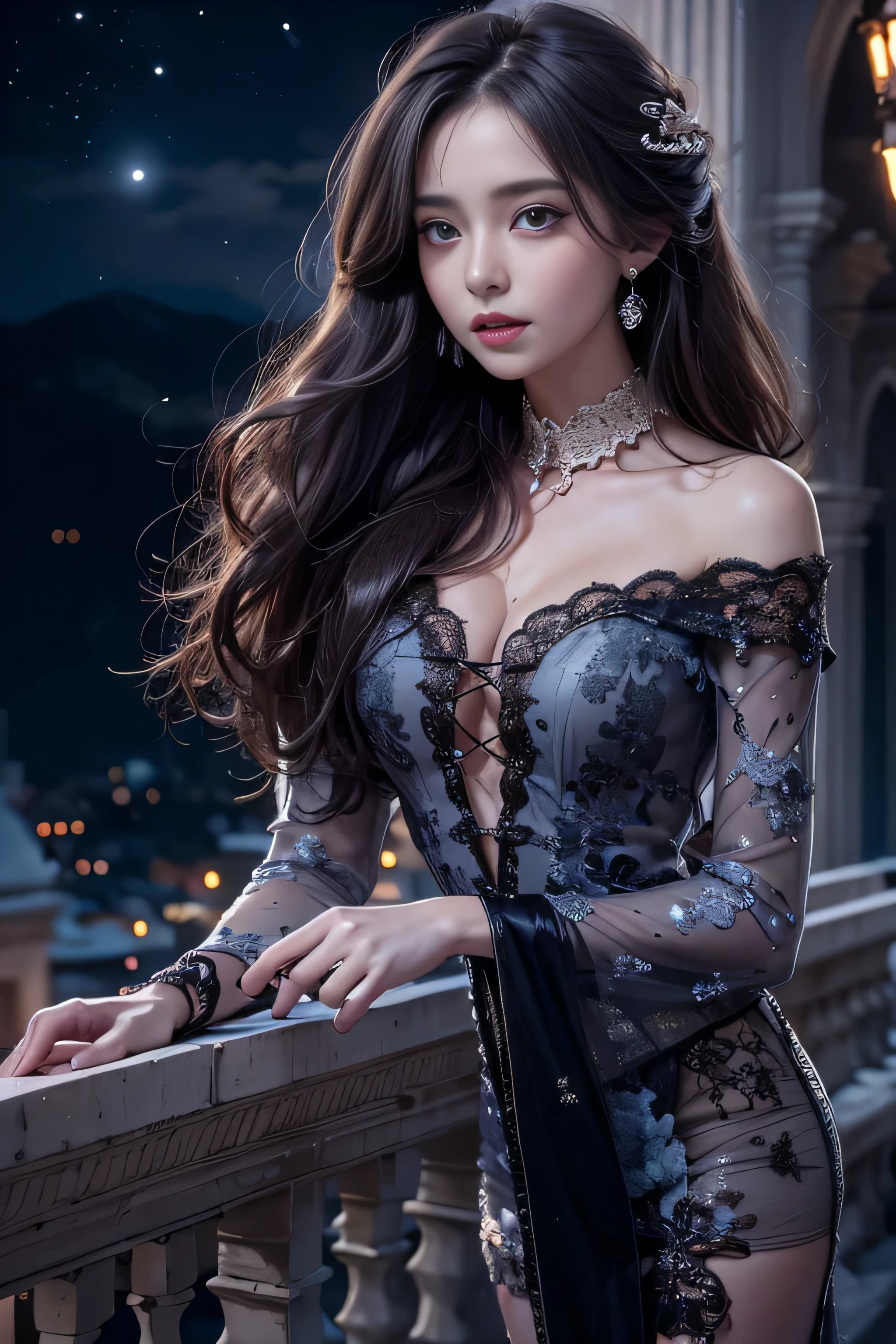 (girl standing on the balcony of the palace)girl portrait photography, realistic, High resolution, 1 female, alone, Upper body, beautiful eyes, Close your lips, detailed face, gray hair, long hair, (off shoulder black lace long dress) ,(There is a slit up to the waist.),fur coat, stockings,(night sky full of stars)