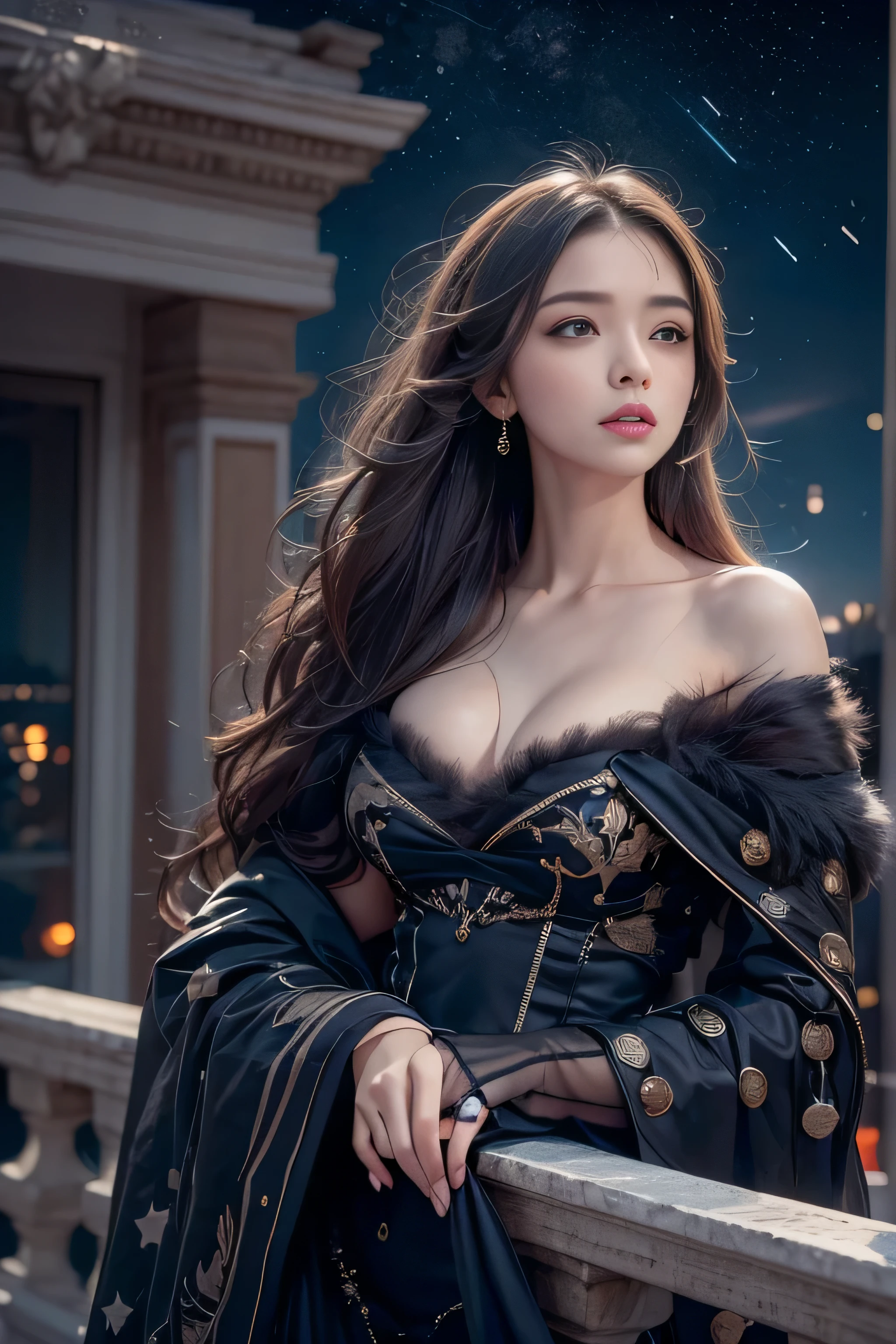 (Woman standing on balcony of palace)girl portrait photography, realistic, High resolution, 1 female, alone, Upper body, beautiful eyes, Close your lips, detailed face, gray hair, long hair, (off shoulder black lace long dress) ,(There is a slit up to the waist.),fur coat, stockings,(night sky full of stars)