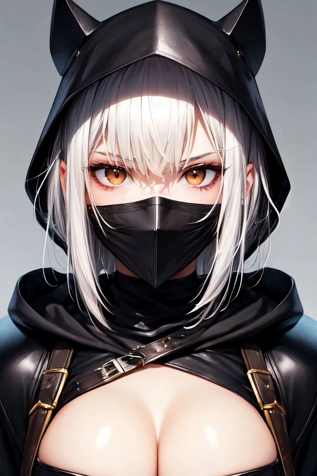 1 woman, brown eyes, white hair, with huge black hood, black mask covering her mouth, looking at the camera with a murderous look in a 3x4 photo, with black cropped top, small breasts, leather armor, full body with glitter, ultra realistic ((melhor qualidade)), ((obra de arte)), (detalhado), rosto perfeito