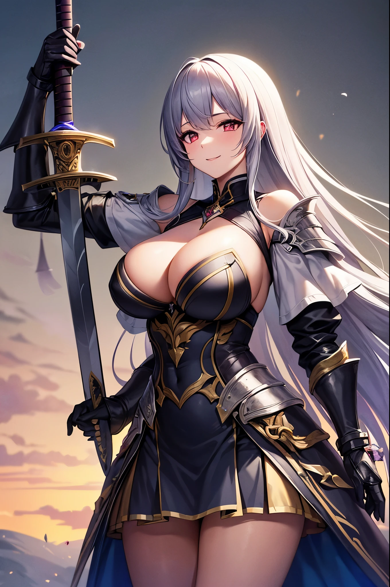 (Super beautiful CG、smile)、(big breasts、chest cut、smile)、 (masterpiece 1.8)、((Super high quality))、((Ultra-detail illustration))、((stunning CG))、1 girl、solo、long hair、breast、thighs、bare legs、light purple hair、red eyes、black gloves、whole bodyに豪華かつ精緻な鎧を装備:1.8、armor gauntlet、blue thigh length skirt、armored boots:1.3、whole body、medieval wilderness landscape、(God in the right hand々Holds a new metal one-handed sword:1.8)、perfect fingers:1.5