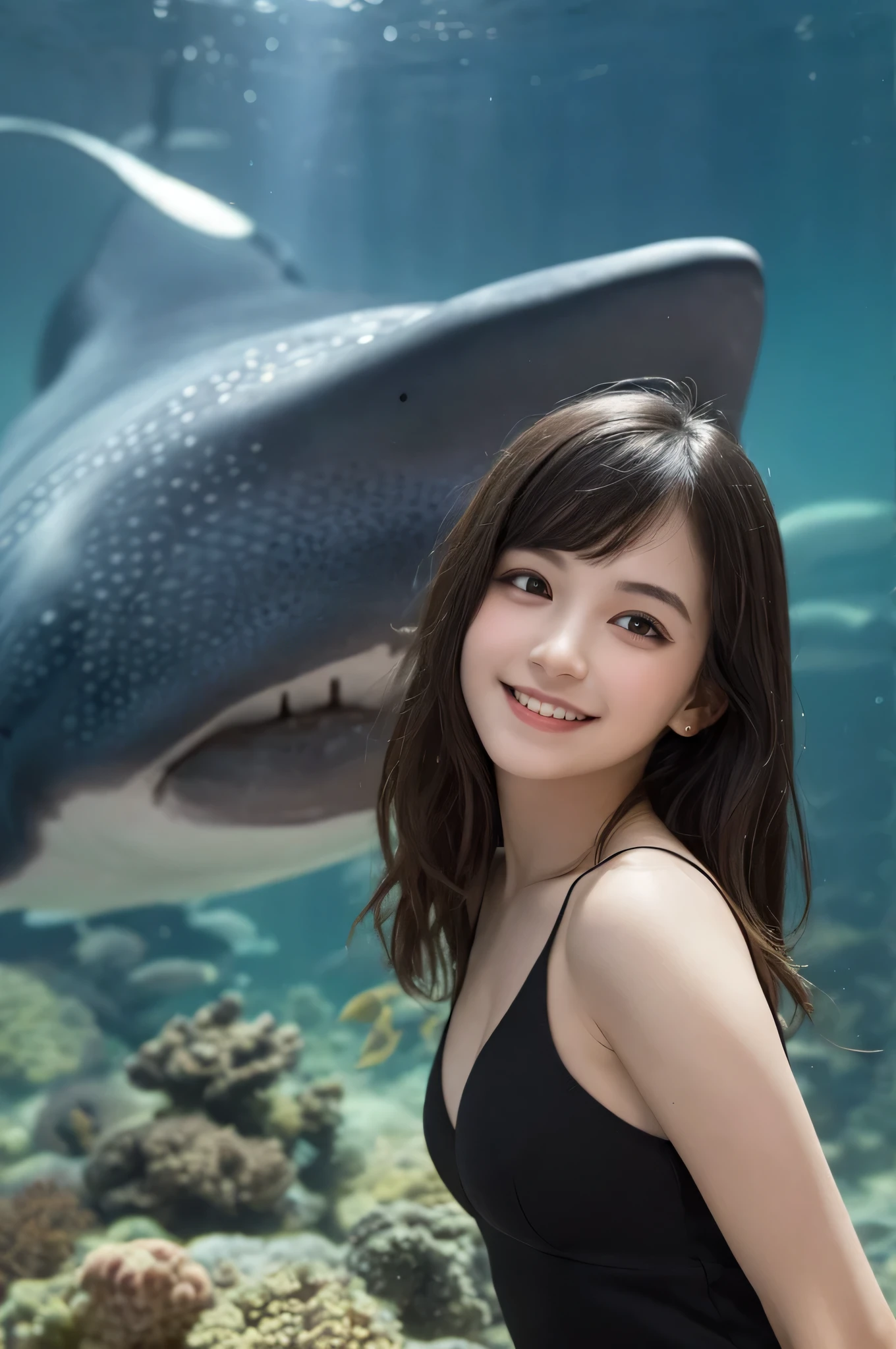 (best quality), (ultra-detailed), (llustration), (detailed light), (an extremely delicate and beautiful), 1young girl, long hair, brown eyes, (smile slightly, Innocent and cute expression), model, Enchanting, Sublime, Ethereal, fantastic, extremely detailed CG unified 8k wallpaper, High-definition raw color photos, professional photography, (Bokeh), indoors, (aquarium), whale shark, shark, small fish, napoleon fish, Backlighting, depth of fields,