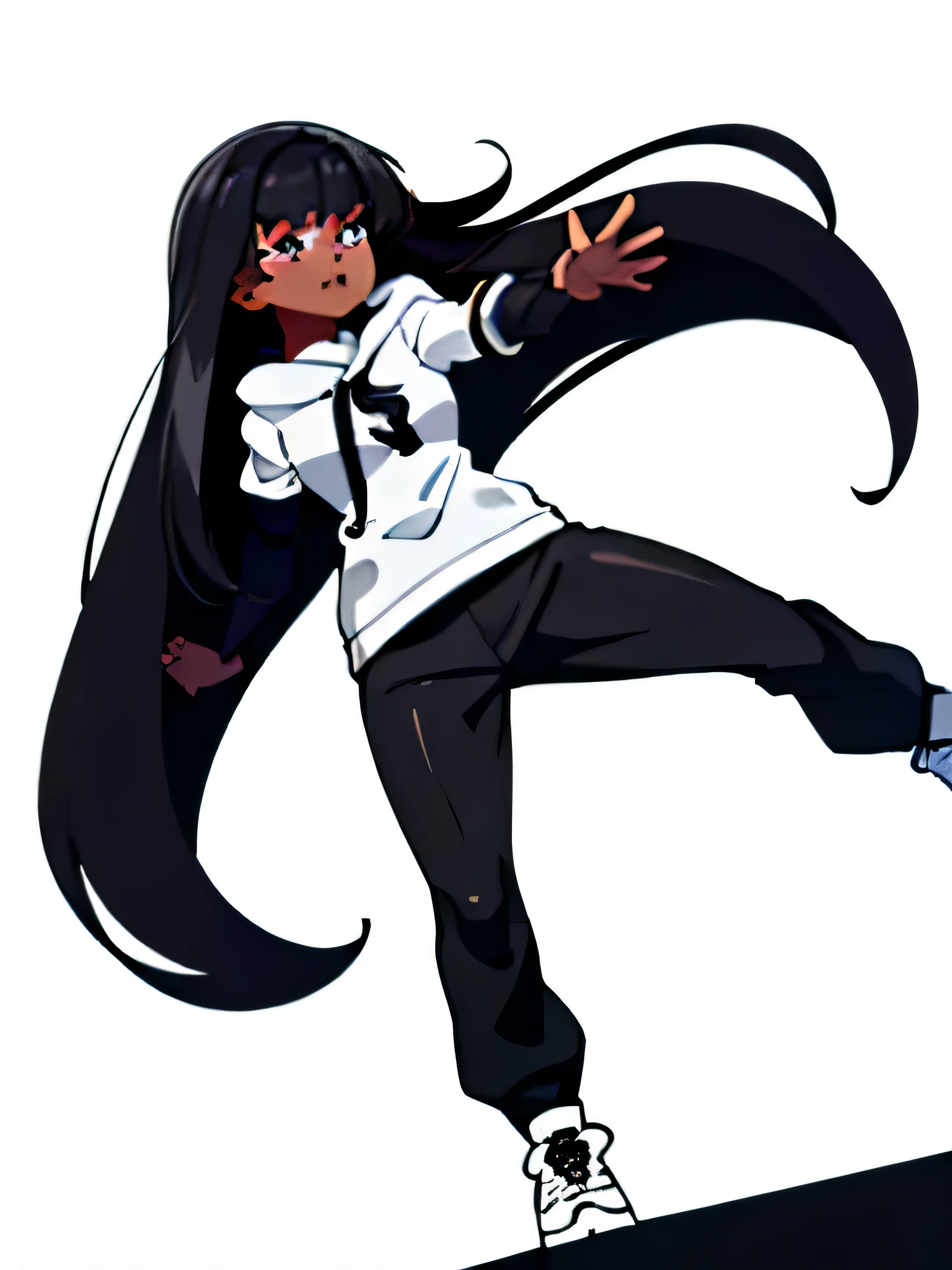 ???, girl, very light dark skin, black long straight hair, white hoodie with black sleeves, completely white background, masterpiece, full body view, standing, almost falling, mad look, surprised